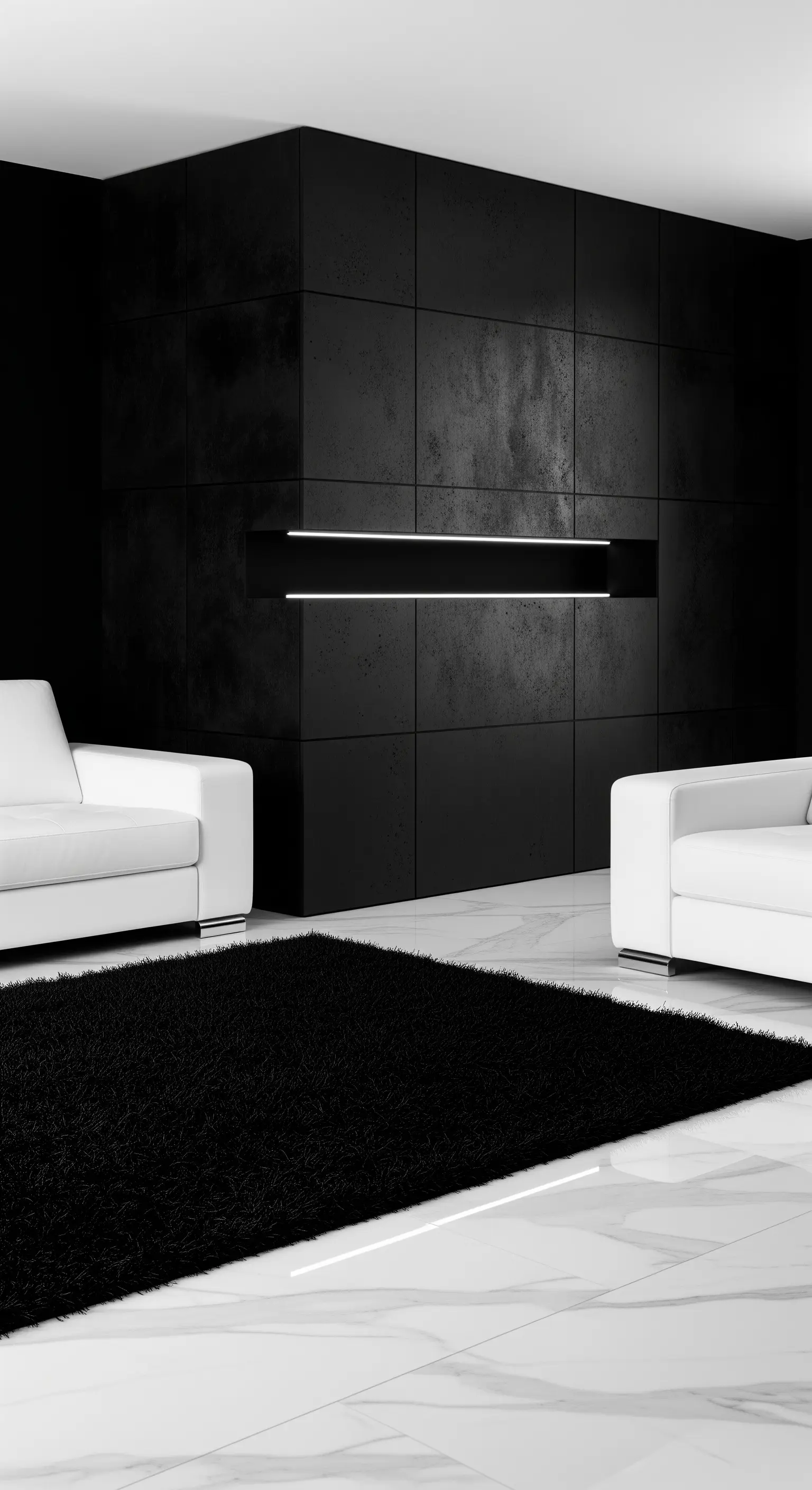 Parete nera effetto cemento con una nicchia orizzontale illuminata e divani bianchi.