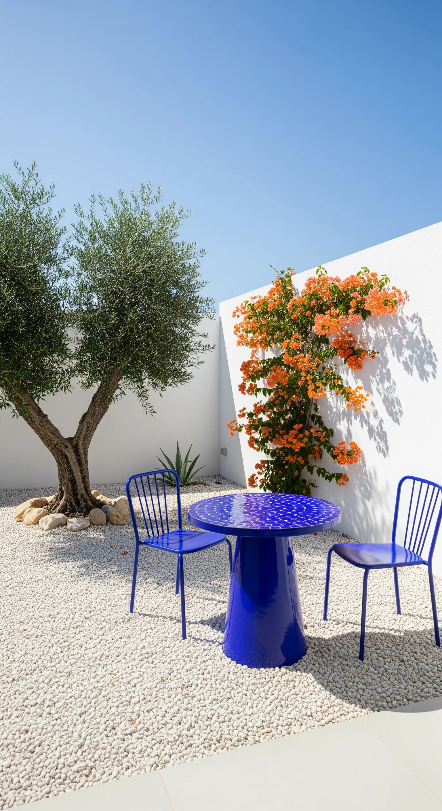 Cortile minimalista con tavolo e sedie blu elettrico, ulivo e bouganville arancione.