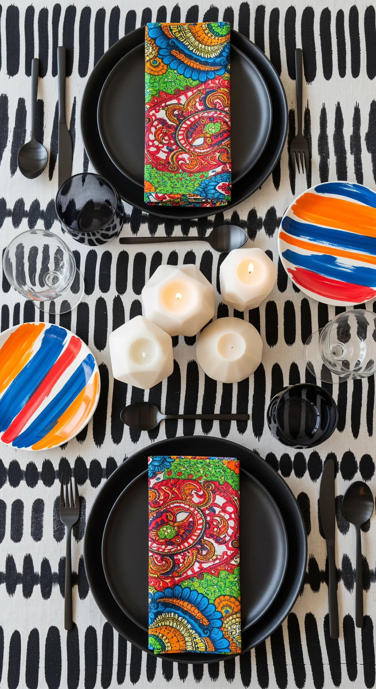 Tavola artistica con tovaglia a pattern bianco e nero e piatti con schizzi di colore primario