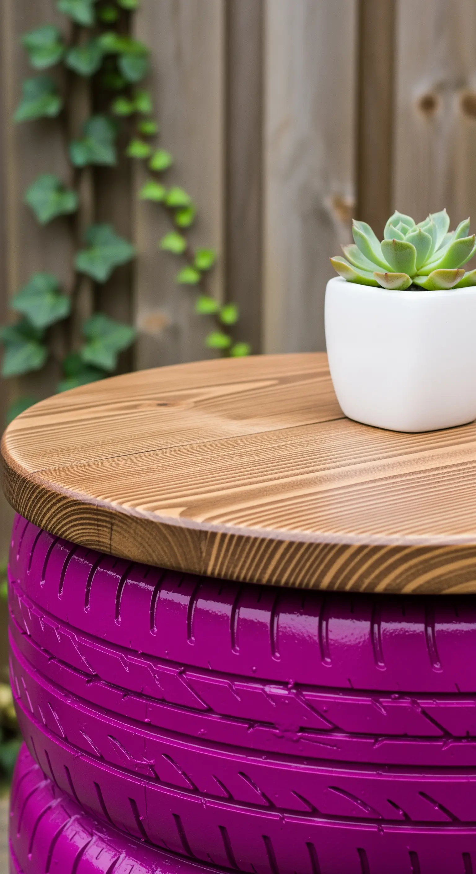 Tavolino da giardino con base creata da due pneumatici color magenta e piano in legno chiaro.