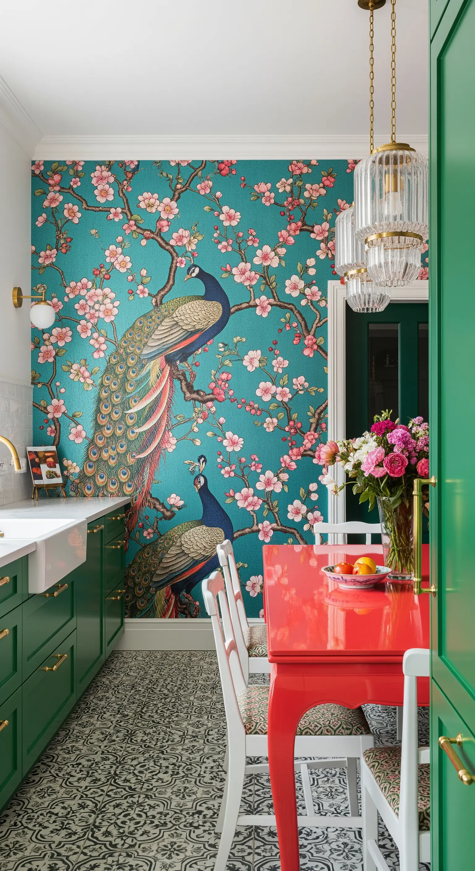 Cucina con carta da parati Chinoiserie, mobili verdi e tavolo laccato rosso.