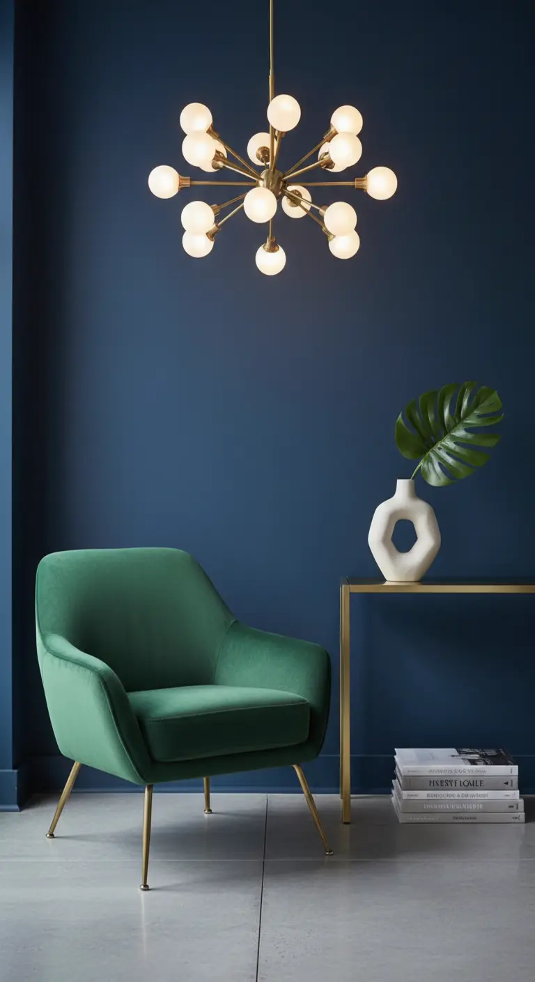 Poltrona in velluto verde contro una parete blu navy con lampadario Sputnik in ottone.
