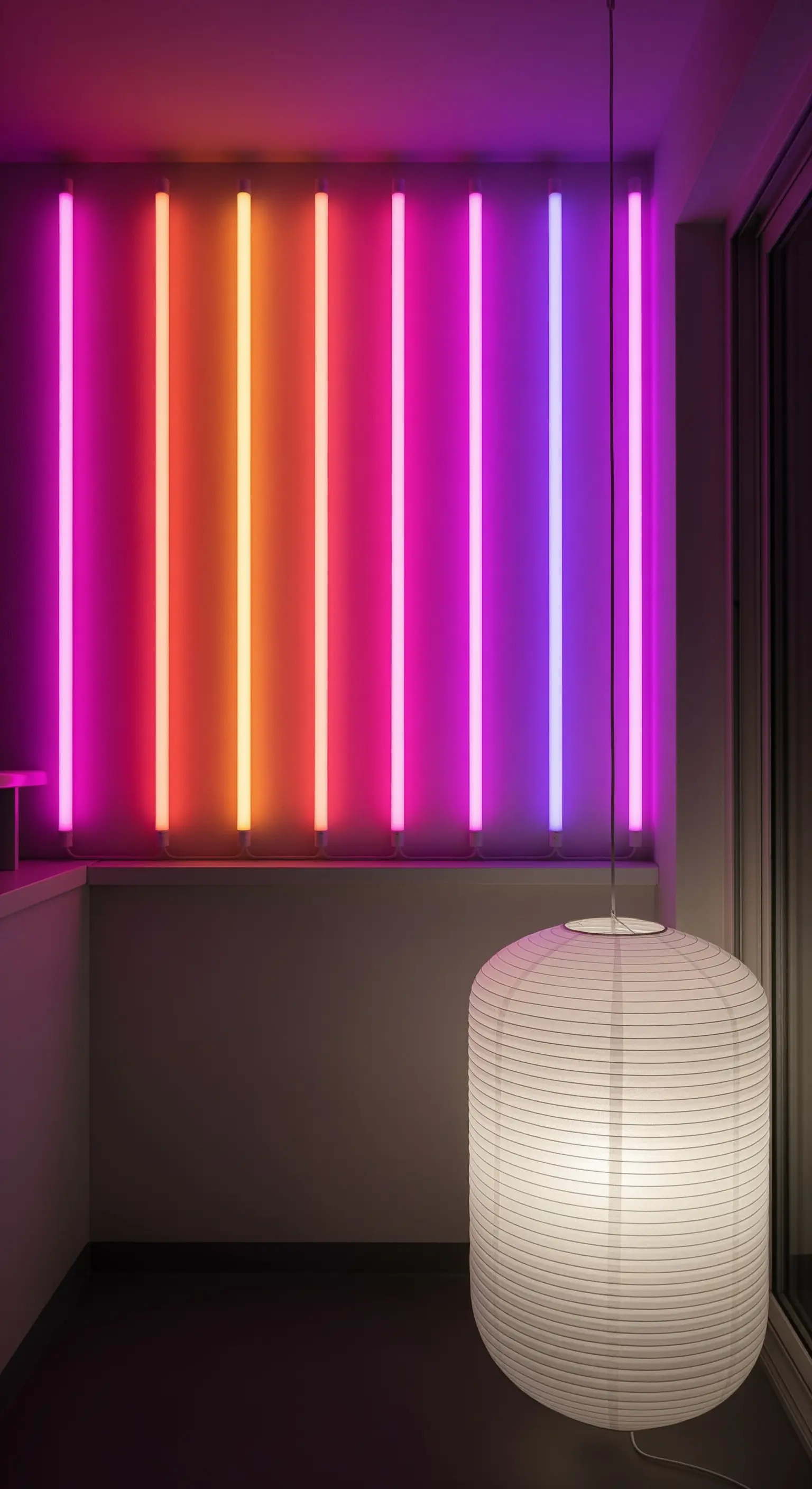 Installazione di luci al neon colorate a parete con una grande lanterna di carta giapponese in primo piano