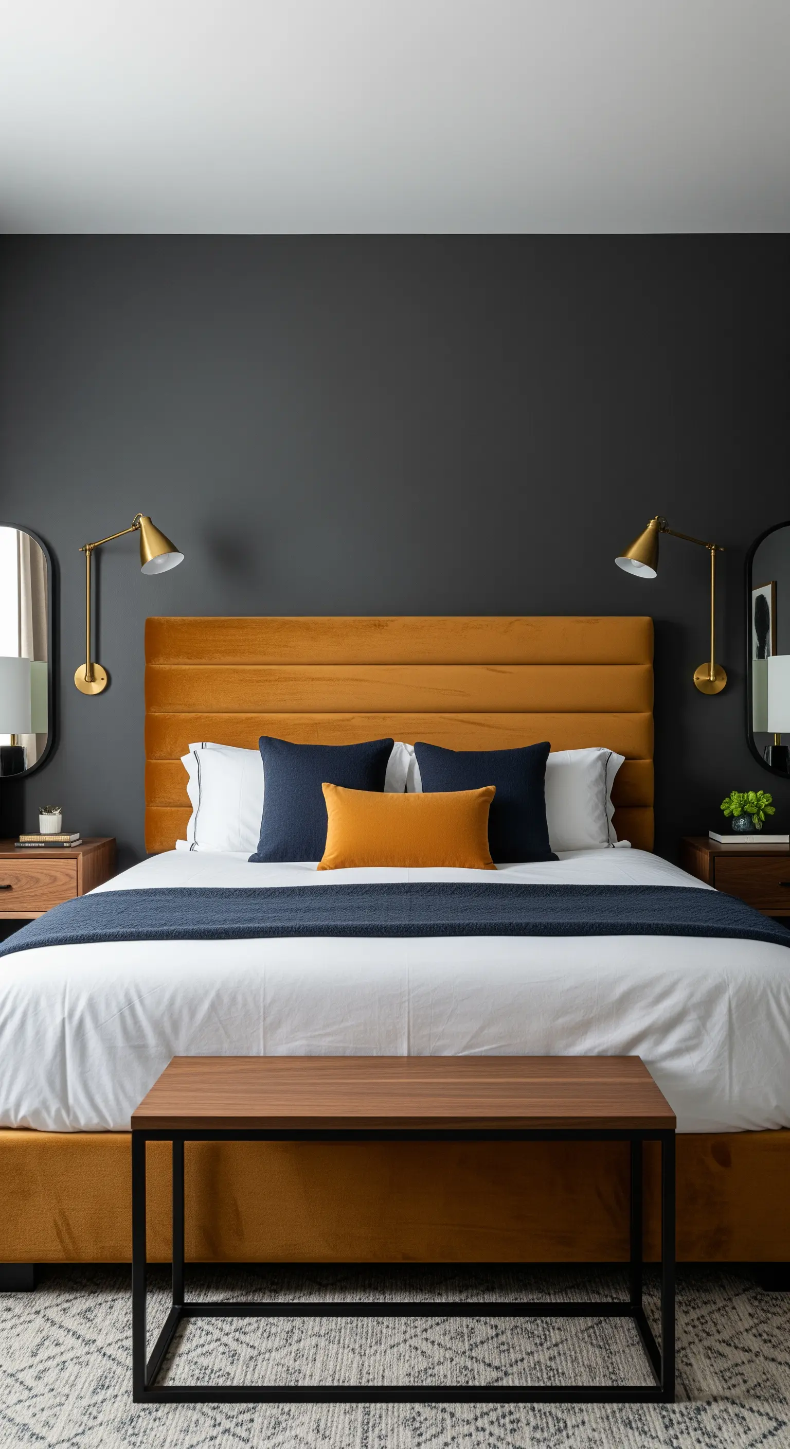 Testiera in velluto color ocra contro una parete grigio scuro, con applique in ottone.