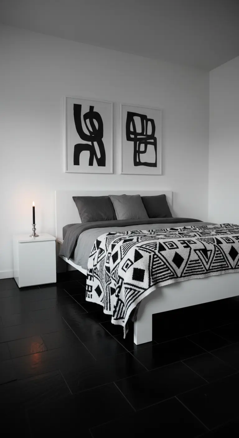 Camera da letto in bianco e nero con pavimento scuro, letto bianco e coperta con motivi grafici.