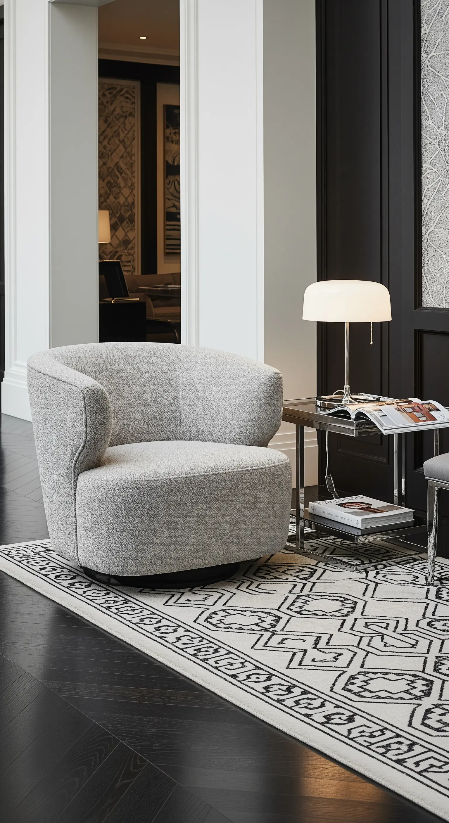 Poltrona in bouclé bianco su un tappeto grafico in bianco e nero con tavolino in metallo.