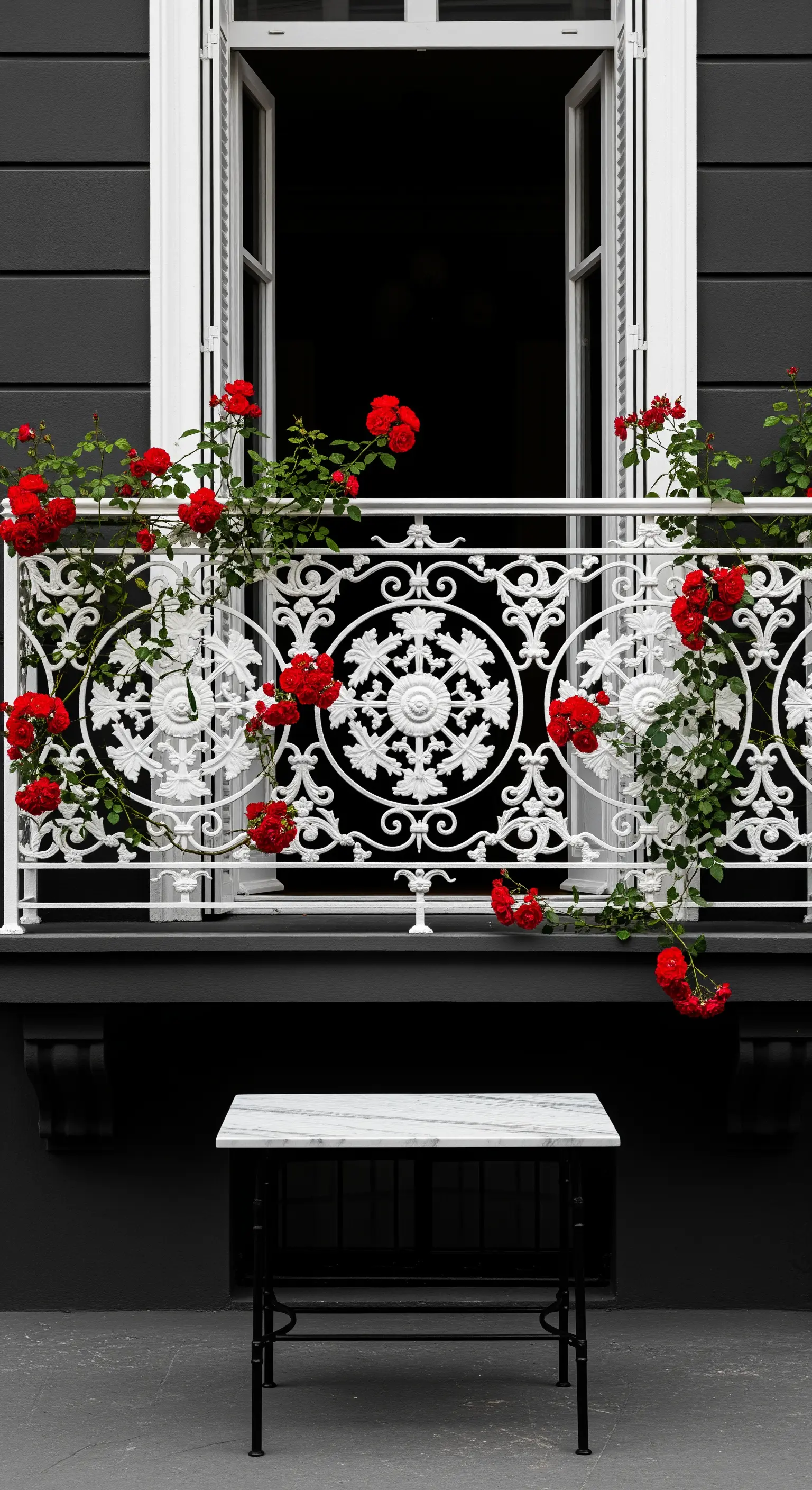 Ringhiera in ferro battuto bianca su una facciata nera, con accenti di rose rosse