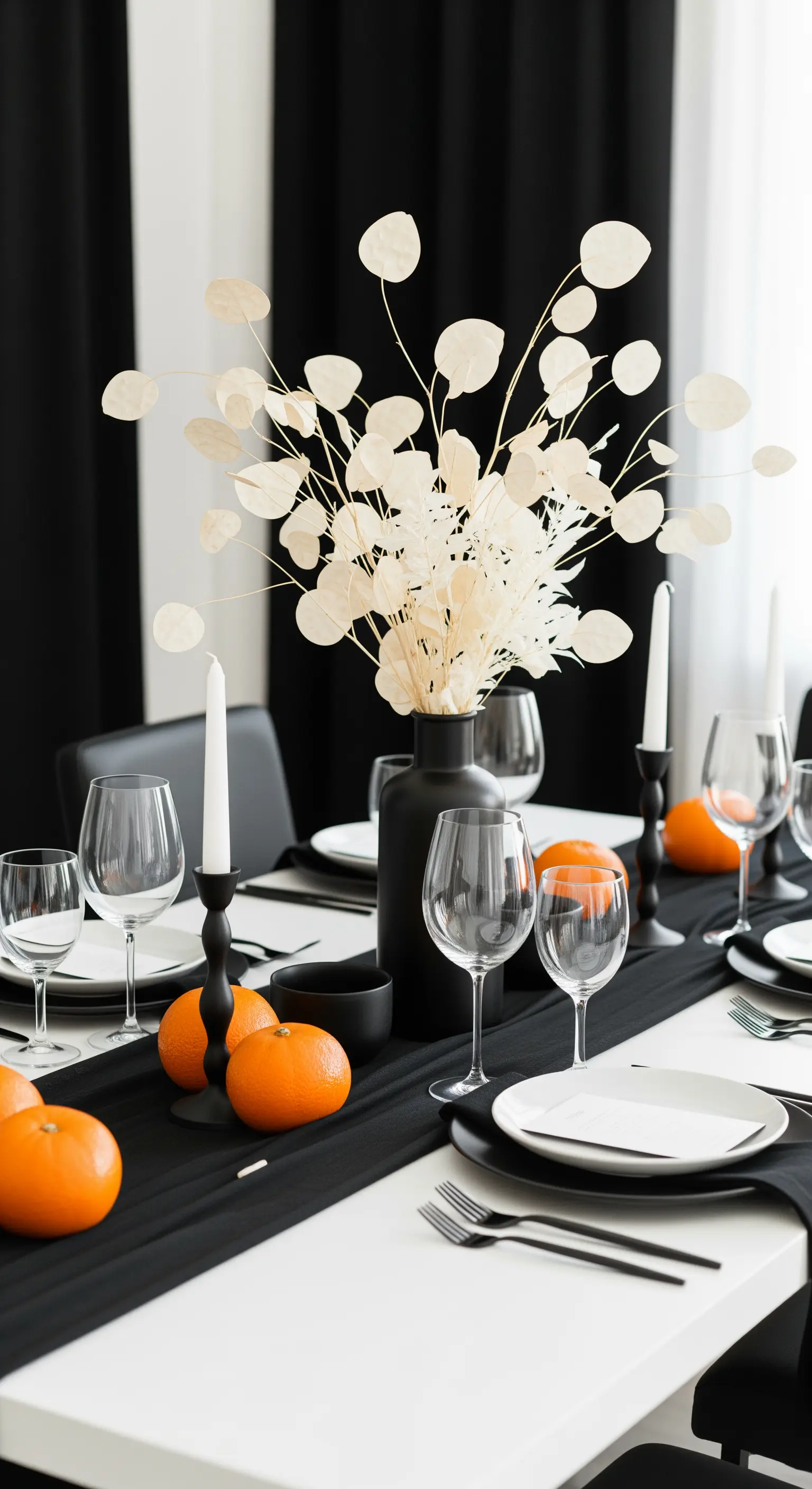 Tavola in bianco e nero con runner nero, fiori di lunaria e arance.