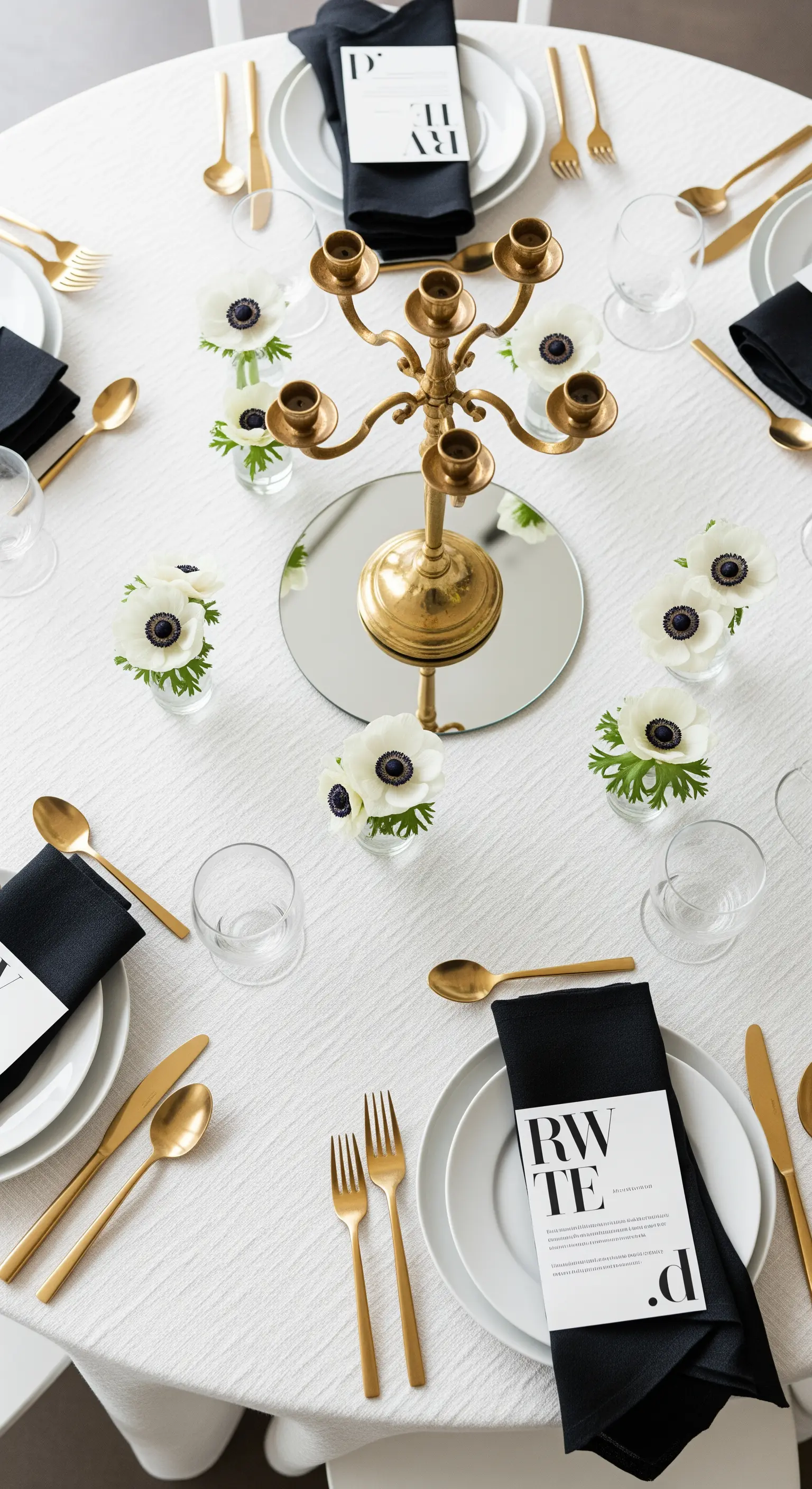 Tavola rotonda con tovaglioli neri, posate dorate e candelabro su base a specchio.