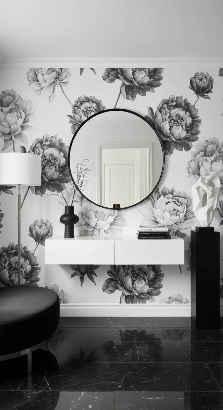 Ingresso moderno con carta da parati a peonie in bianco e nero e arredi minimalisti.
