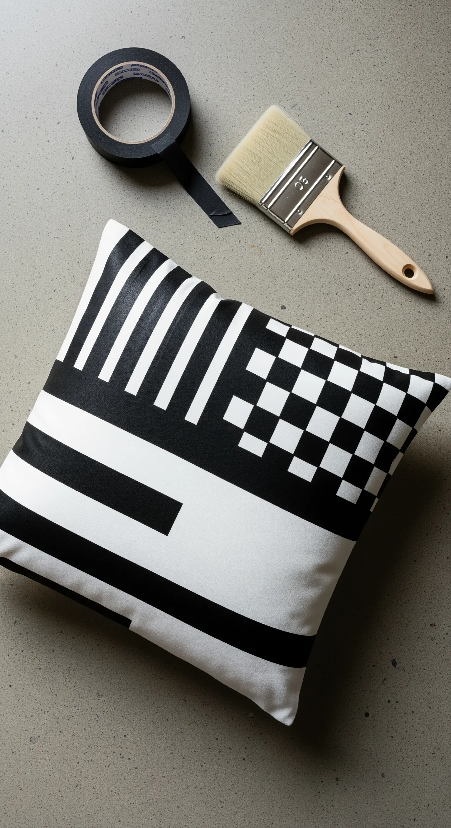 Cuscino con motivi optical in bianco e nero, accanto a un pennello e nastro adesivo nero.