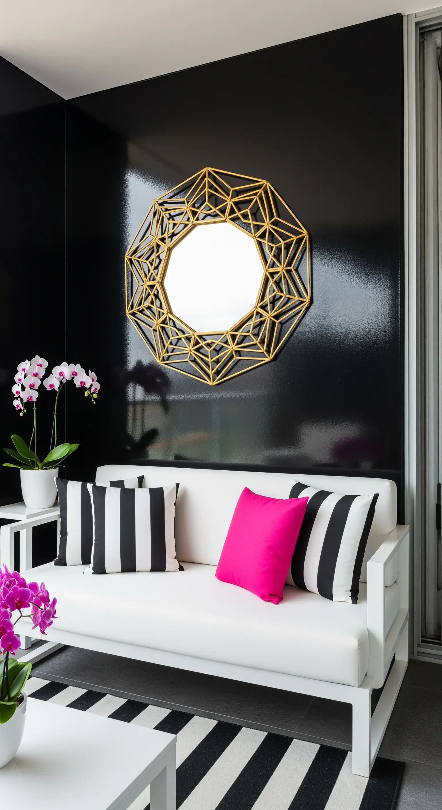 Balcone con parete nera lucida, divano bianco, cuscini a righe e un accento fucsia.