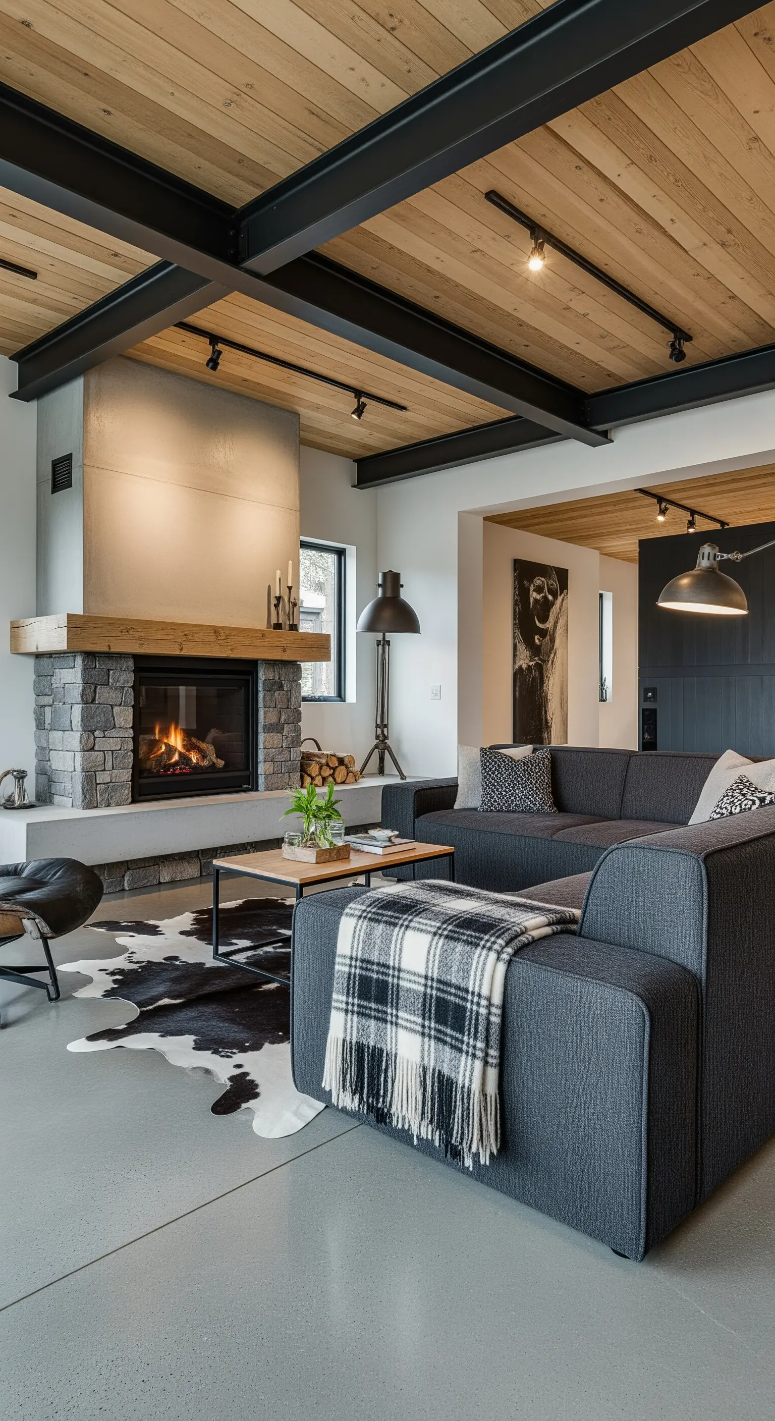 Soggiorno industrial-rustico con travi in acciaio, soffitto in legno e pavimento in cemento