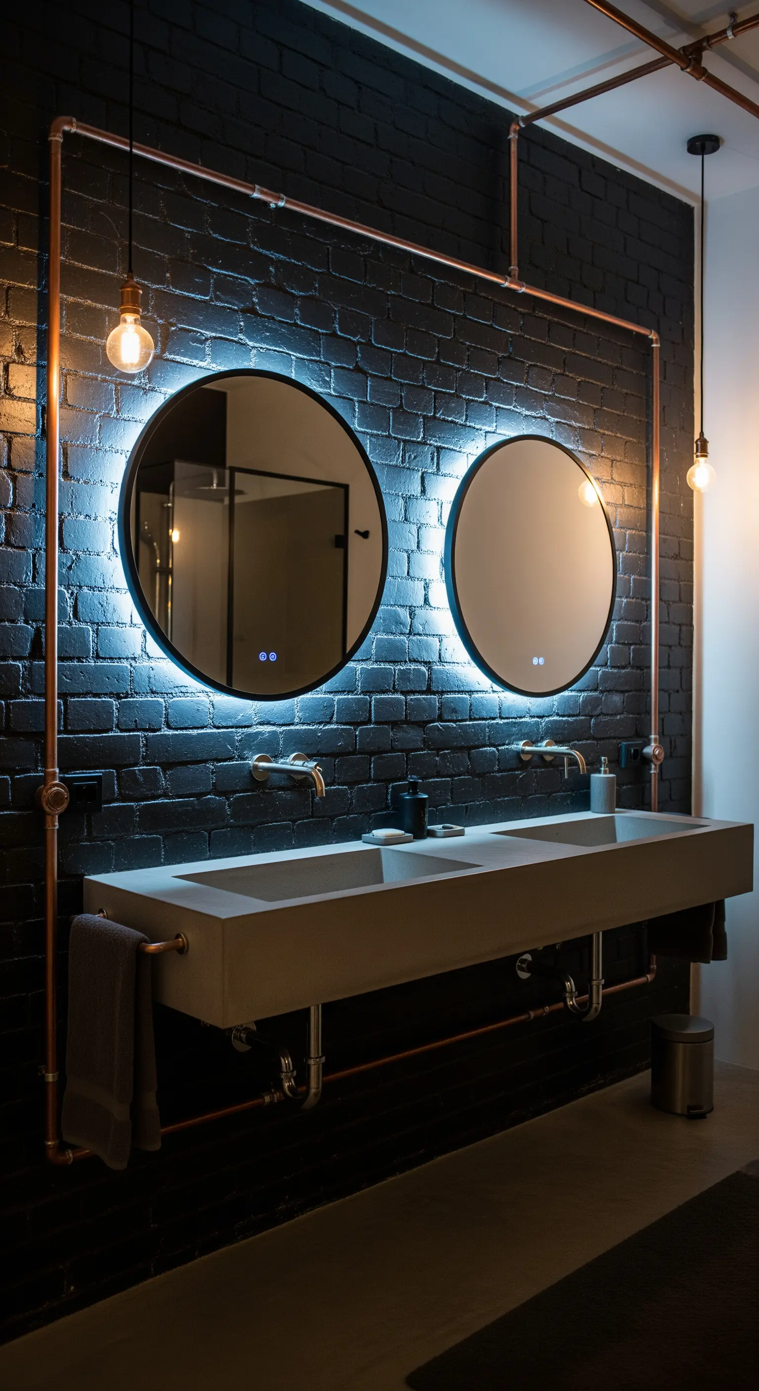 Due specchi rotondi retroilluminati su una parete di mattoni neri.