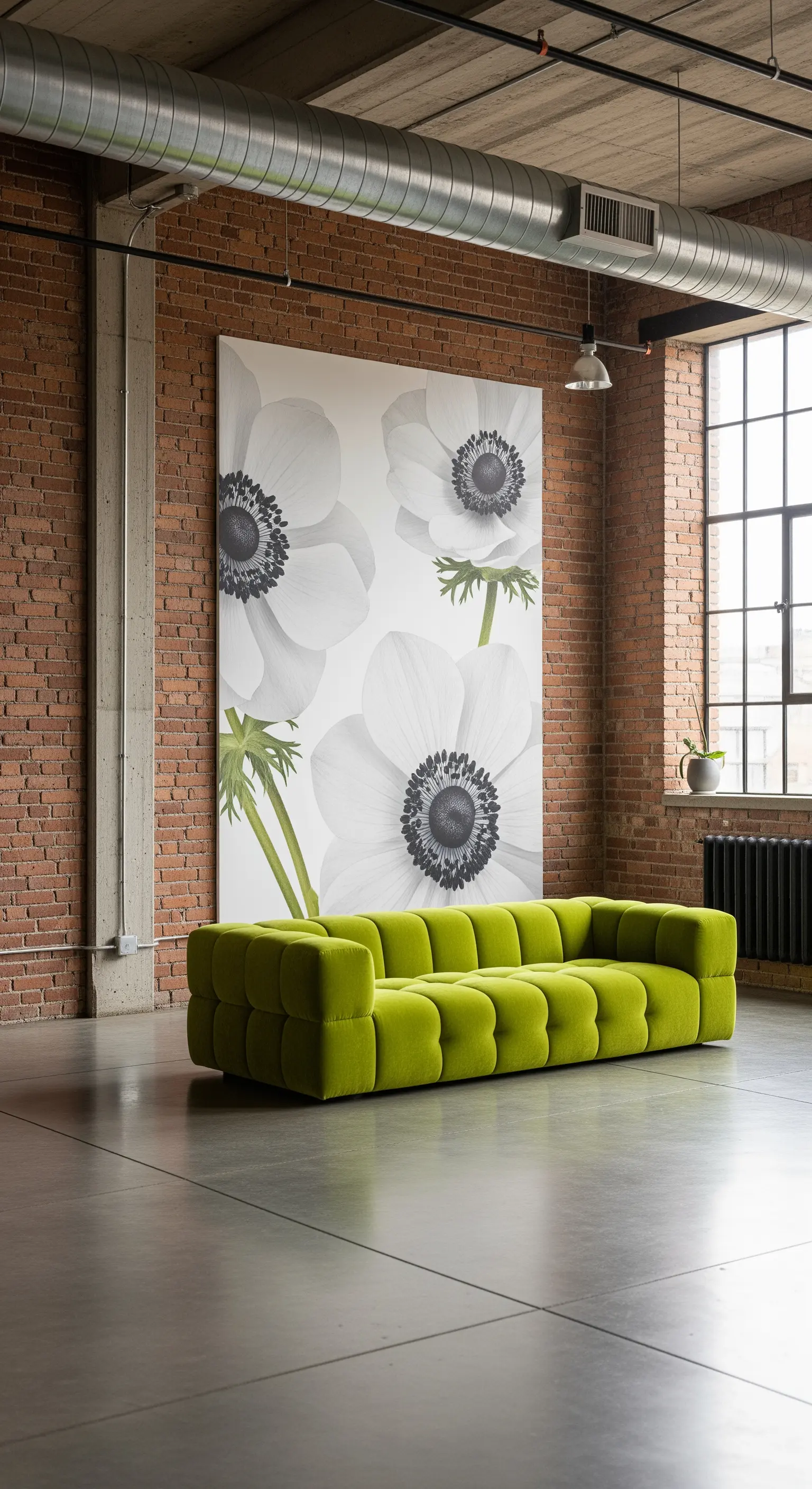 Loft industriale con parete in mattoni, grande quadro floreale e divano verde lime.