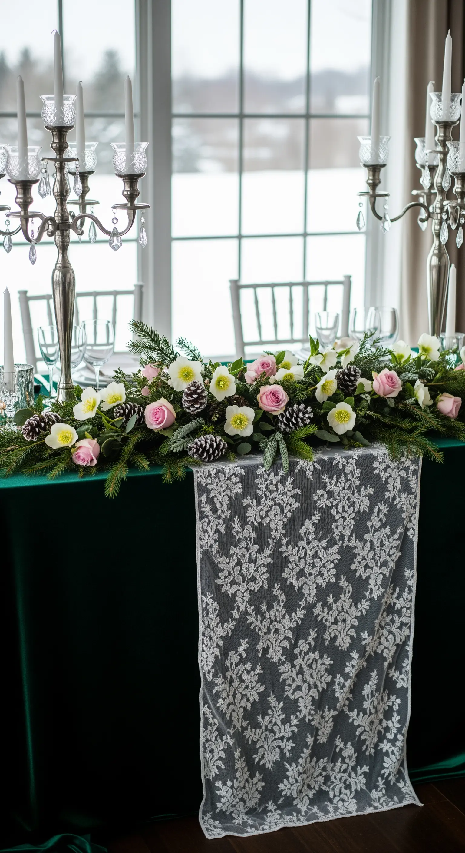 Tavola nuziale invernale con tovaglia in velluto verde, runner in pizzo e decorazioni di pino.