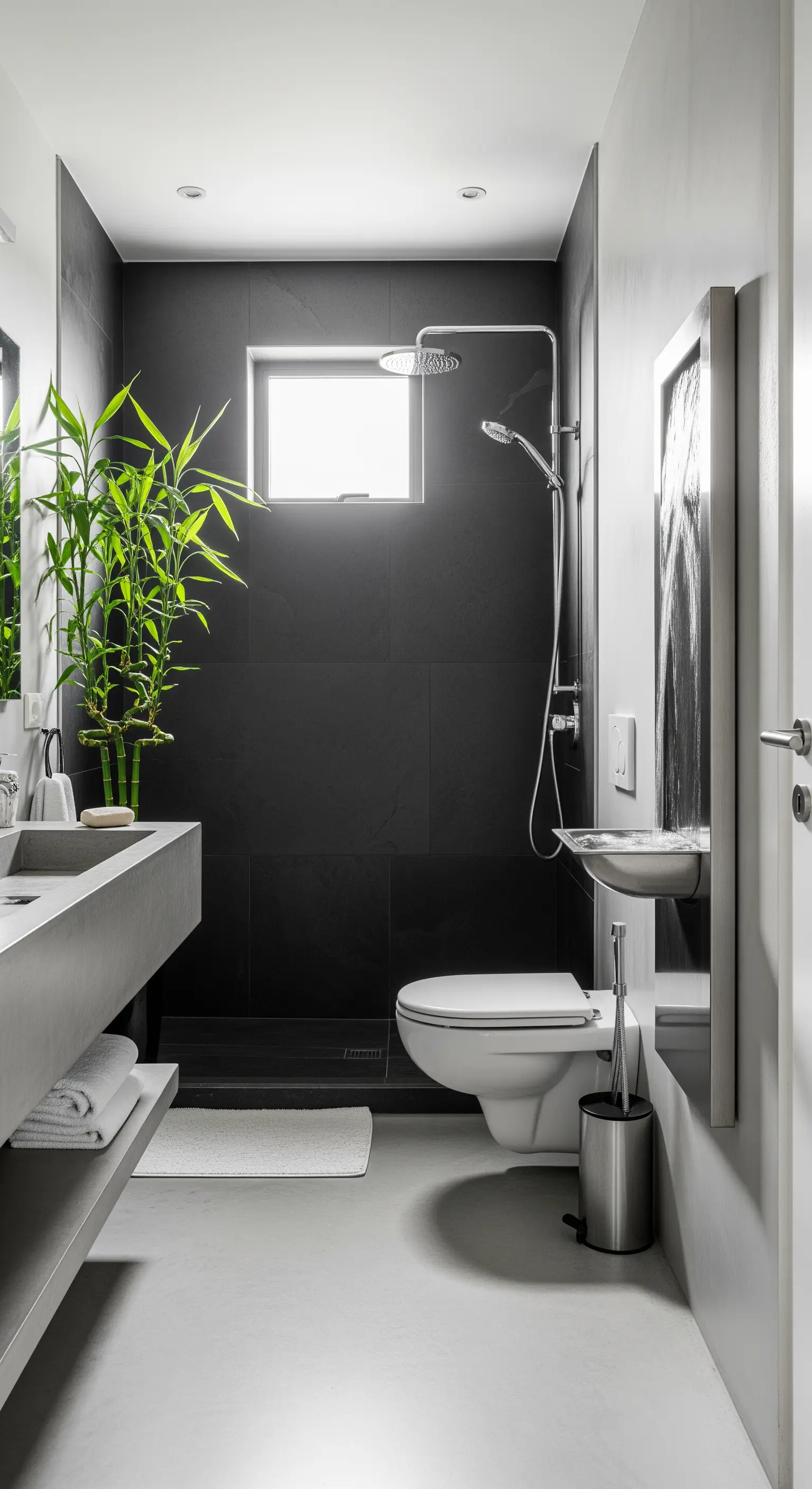 Bagno moderno con lavabo in cemento, doccia in ardesia nera e una grande pianta di bambù.