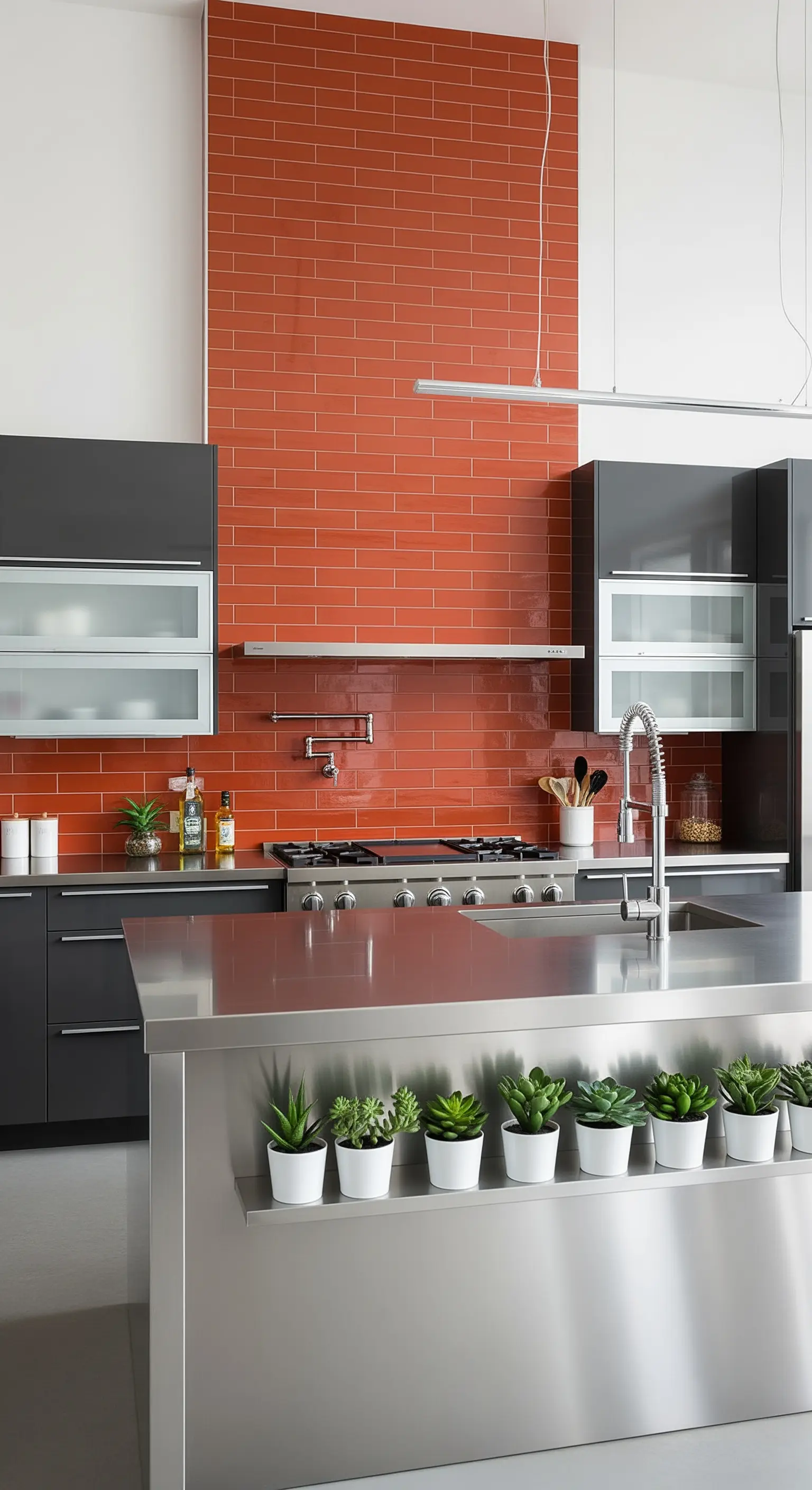 Cucina moderna con paraschizzi in piastrelle terracotta lucide e isola in acciaio inox.