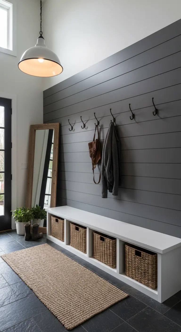 Parete grigia a listelli con ganci, panca bianca con cesti in vimini.