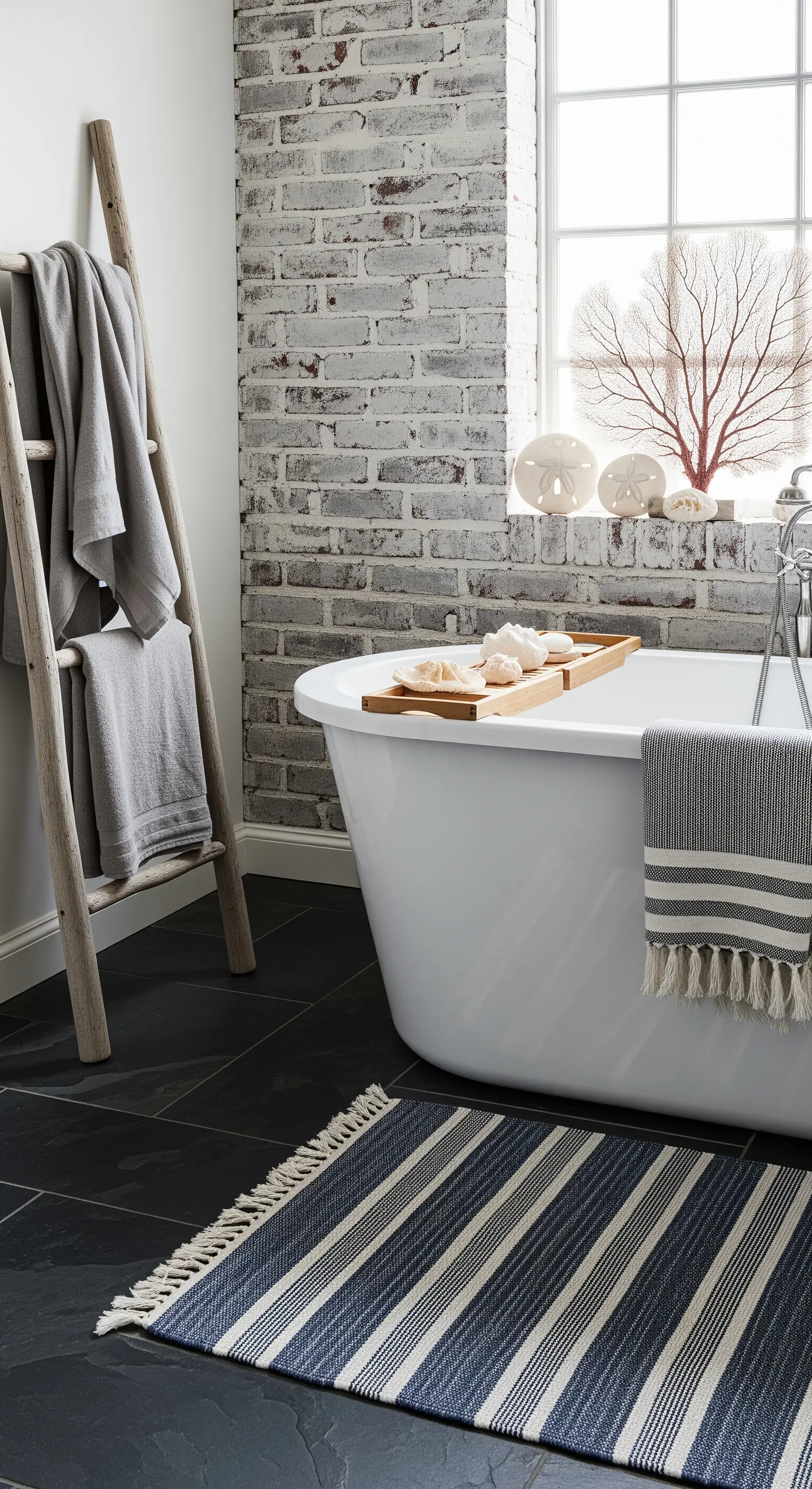 Bagno con parete in mattoni sbiancati, vasca freestanding e pavimento scuro in ardesia.