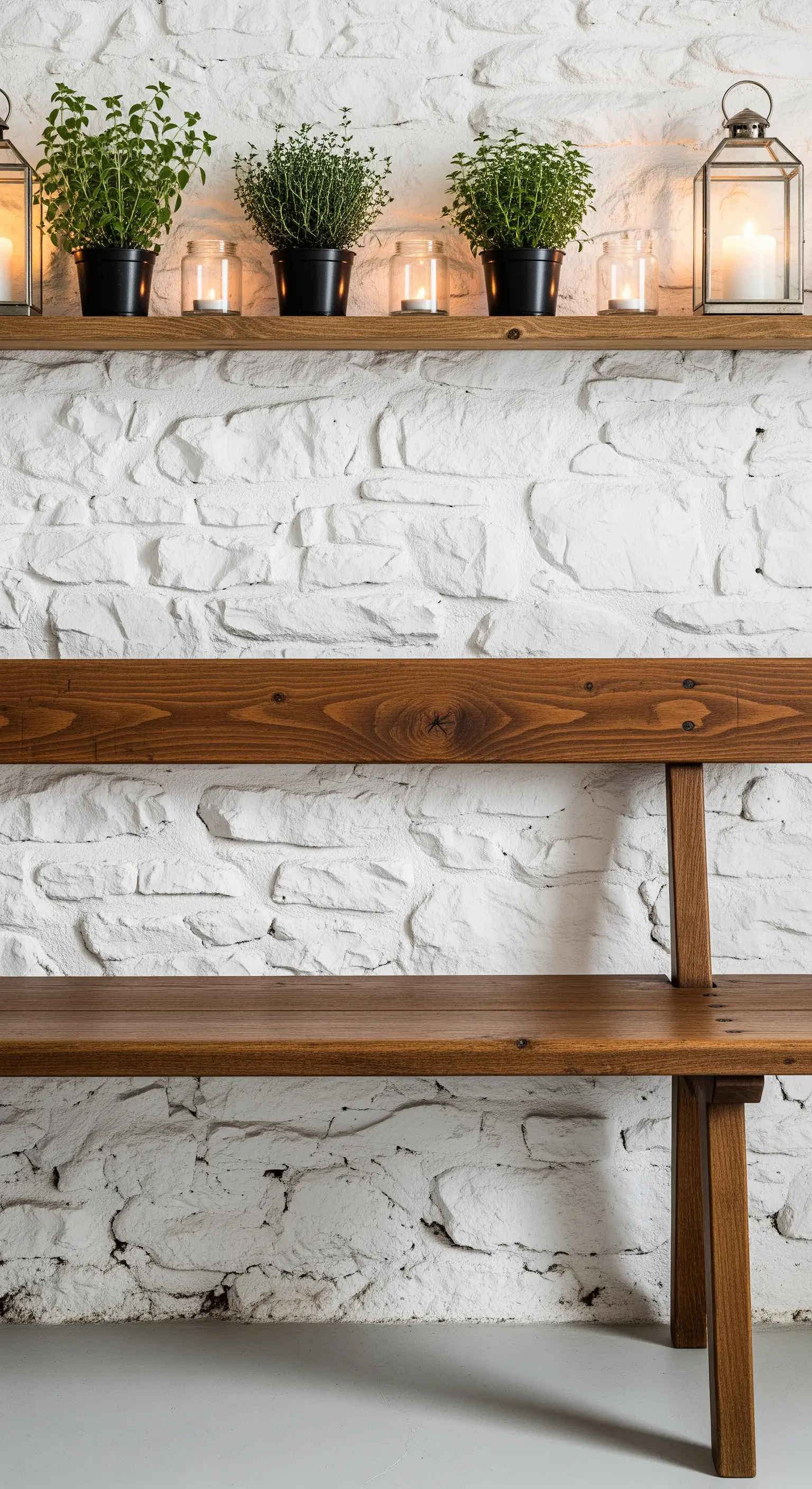 Panca in legno scuro addossata a un muro di pietra bianca, con mensola coordinata.