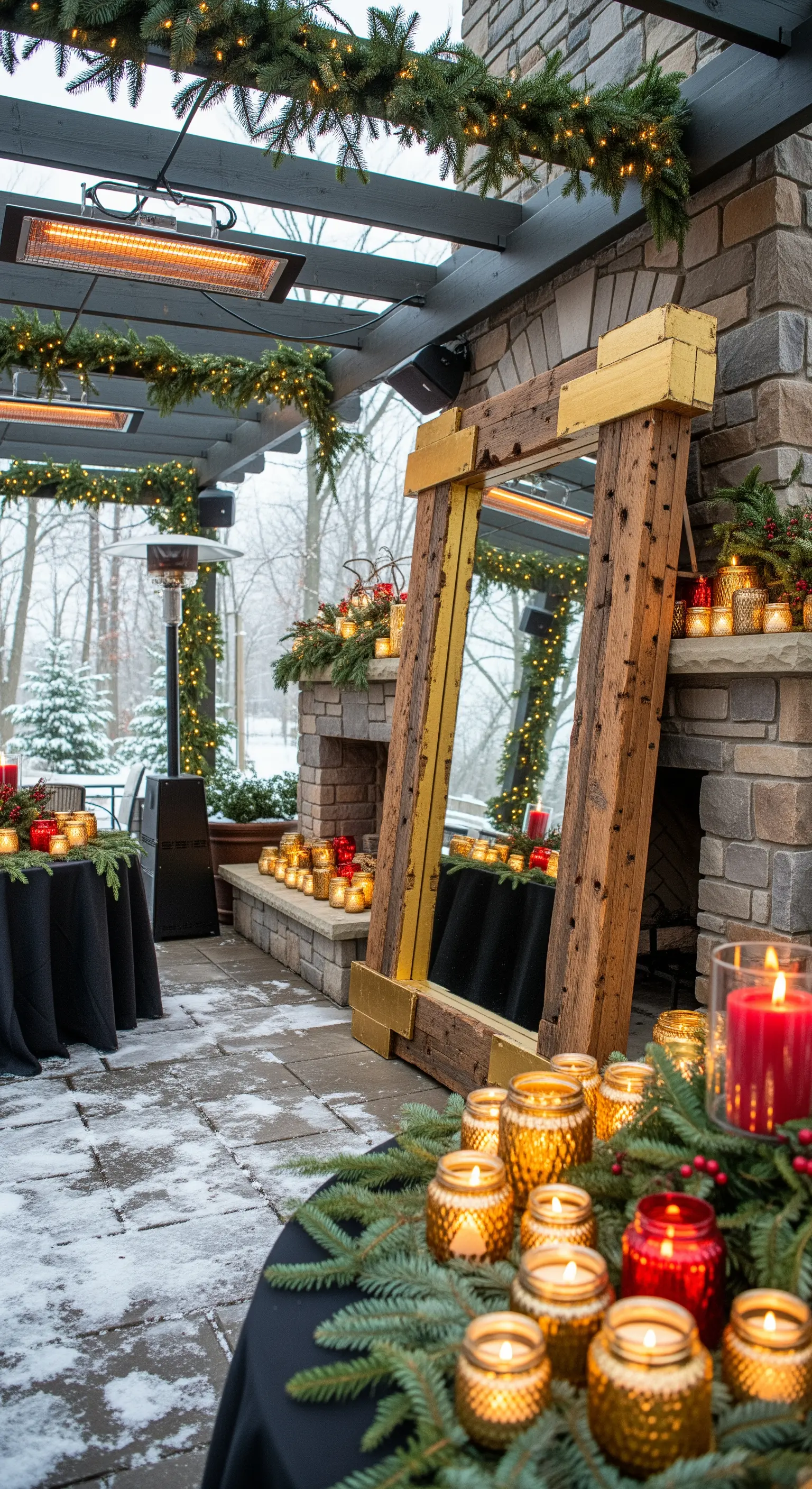 Patio innevato con camino, specchio con cornice in legno e oro, e candele rosse e dorate.