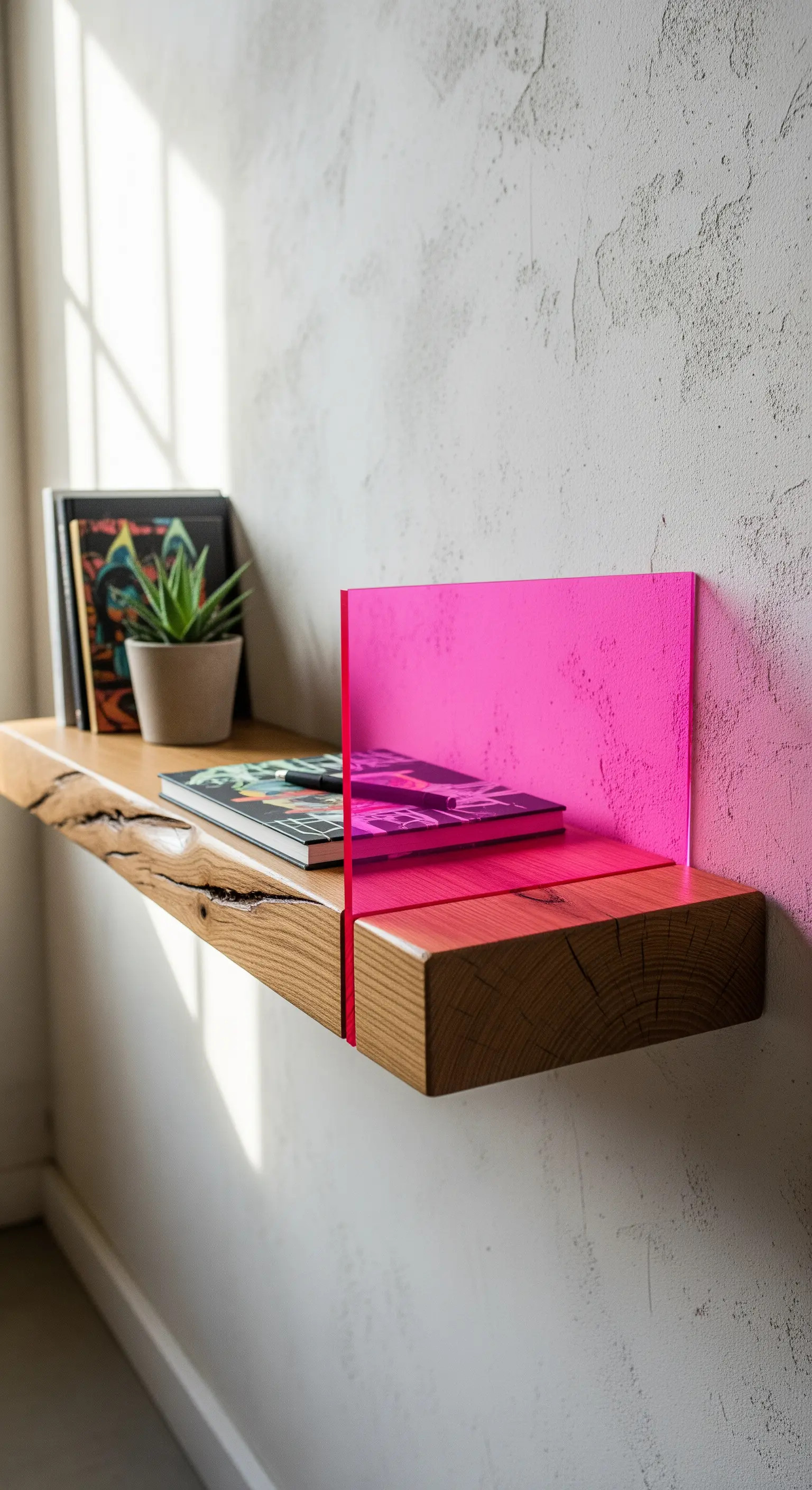 Mensola in legno grezzo con un divisorio verticale in acrilico rosa fluorescente.