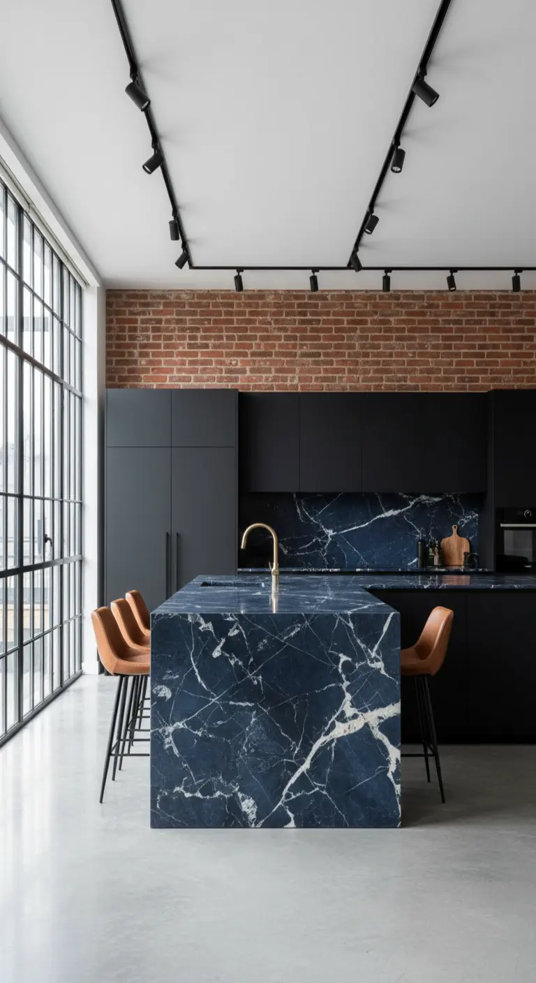 Cucina industrial con isola in marmo blu notte, parete in mattoni e rubinetto dorato.