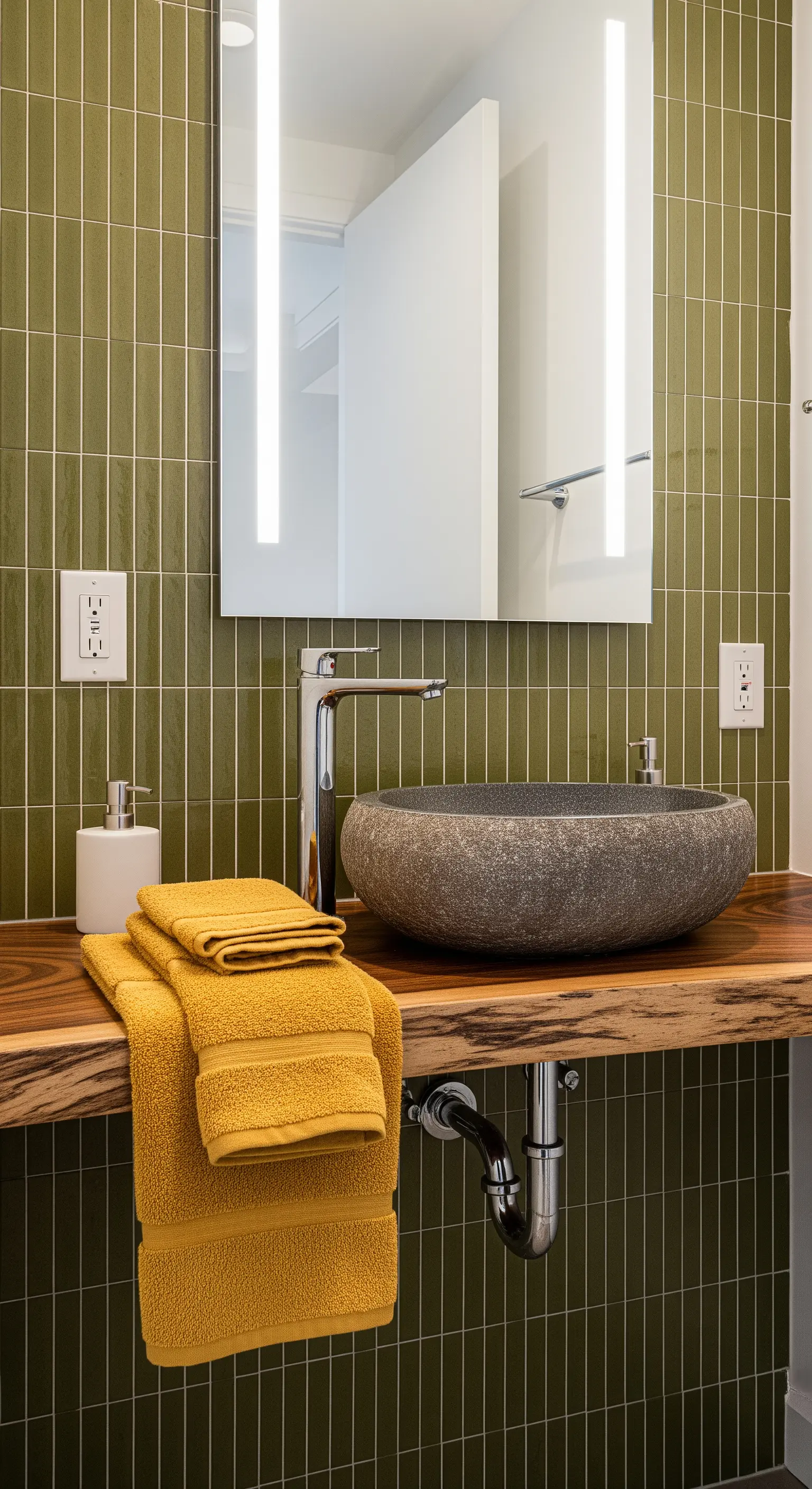 Lavabo in pietra su top in legno massiccio, con sfondo di piastrelle verticali verde oliva.