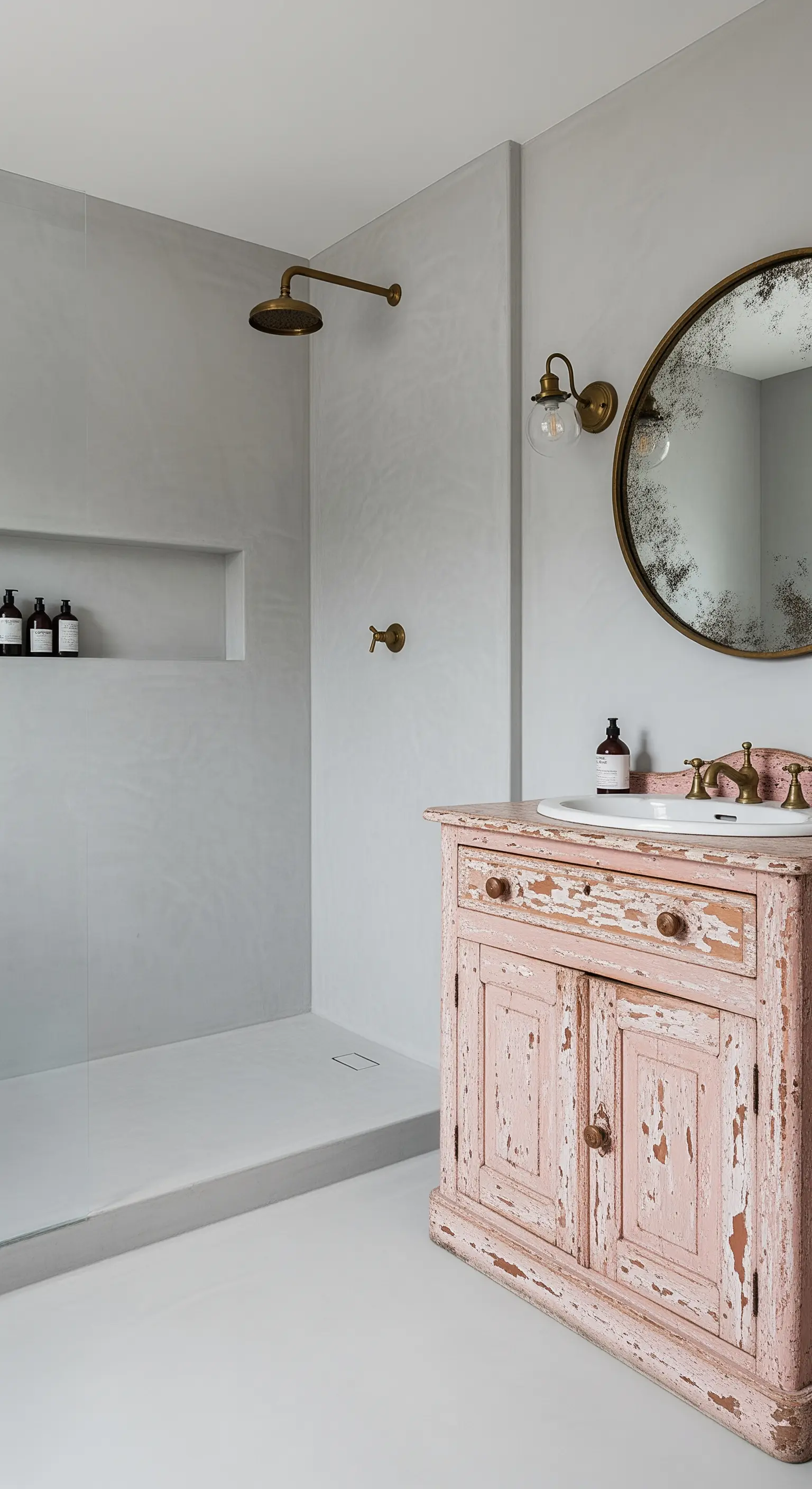 Mobile da bagno rosa scrostato in una doccia walk-in con pareti in microcemento grigio.