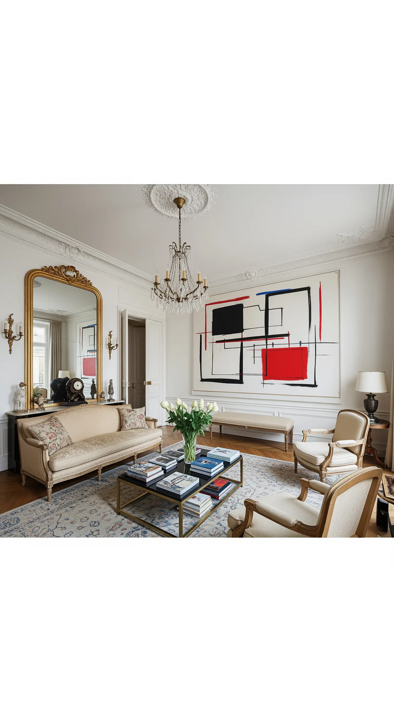 Salone classico parigino con stucchi e un grande quadro astratto moderno in stile costruttivista.