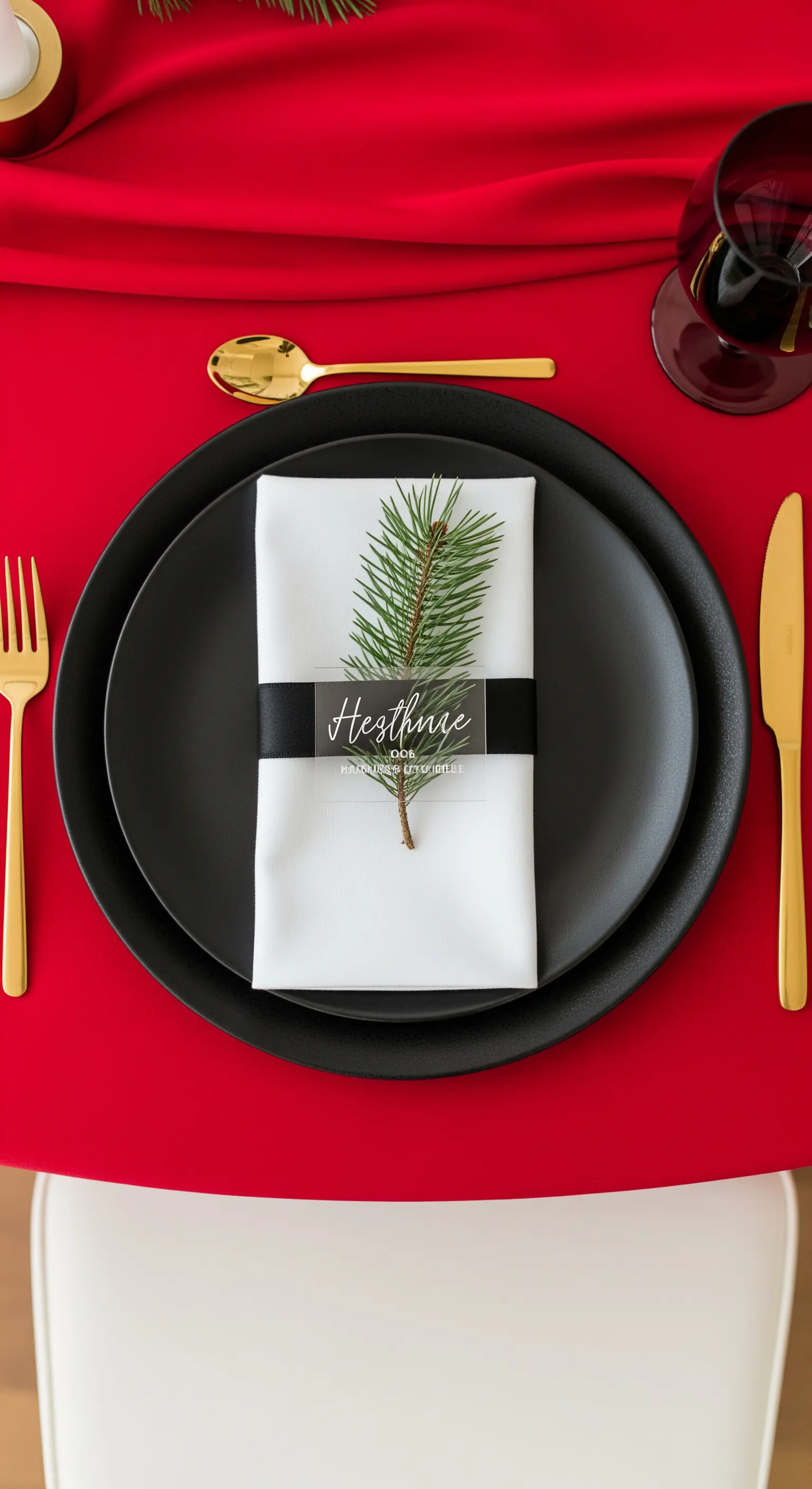 Segnaposto moderno con piatto nero, posate oro e dettaglio in plexiglass.