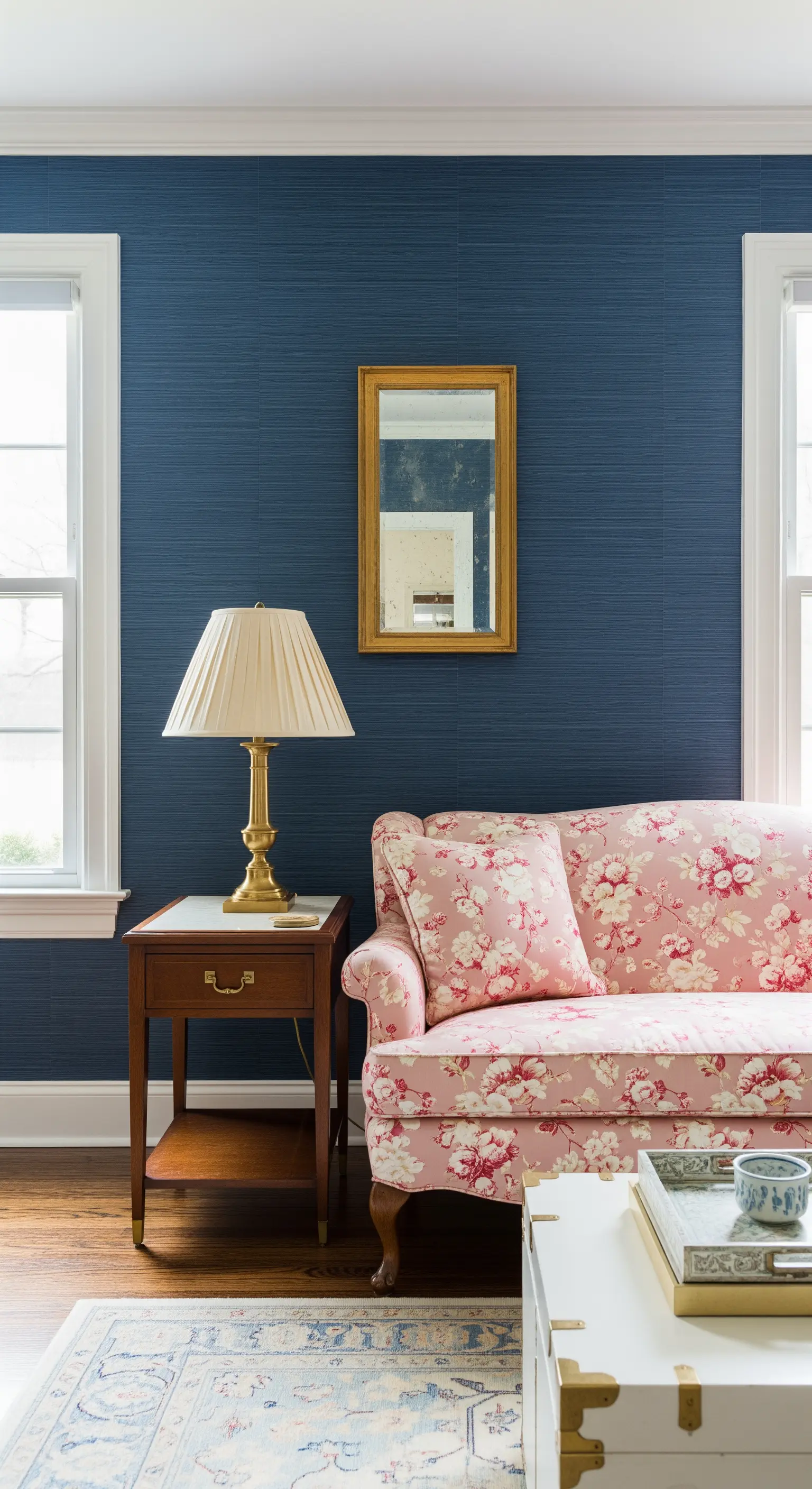 Salotto con parete in tessuto blu scuro e un divano con un vivace motivo floreale rosa.