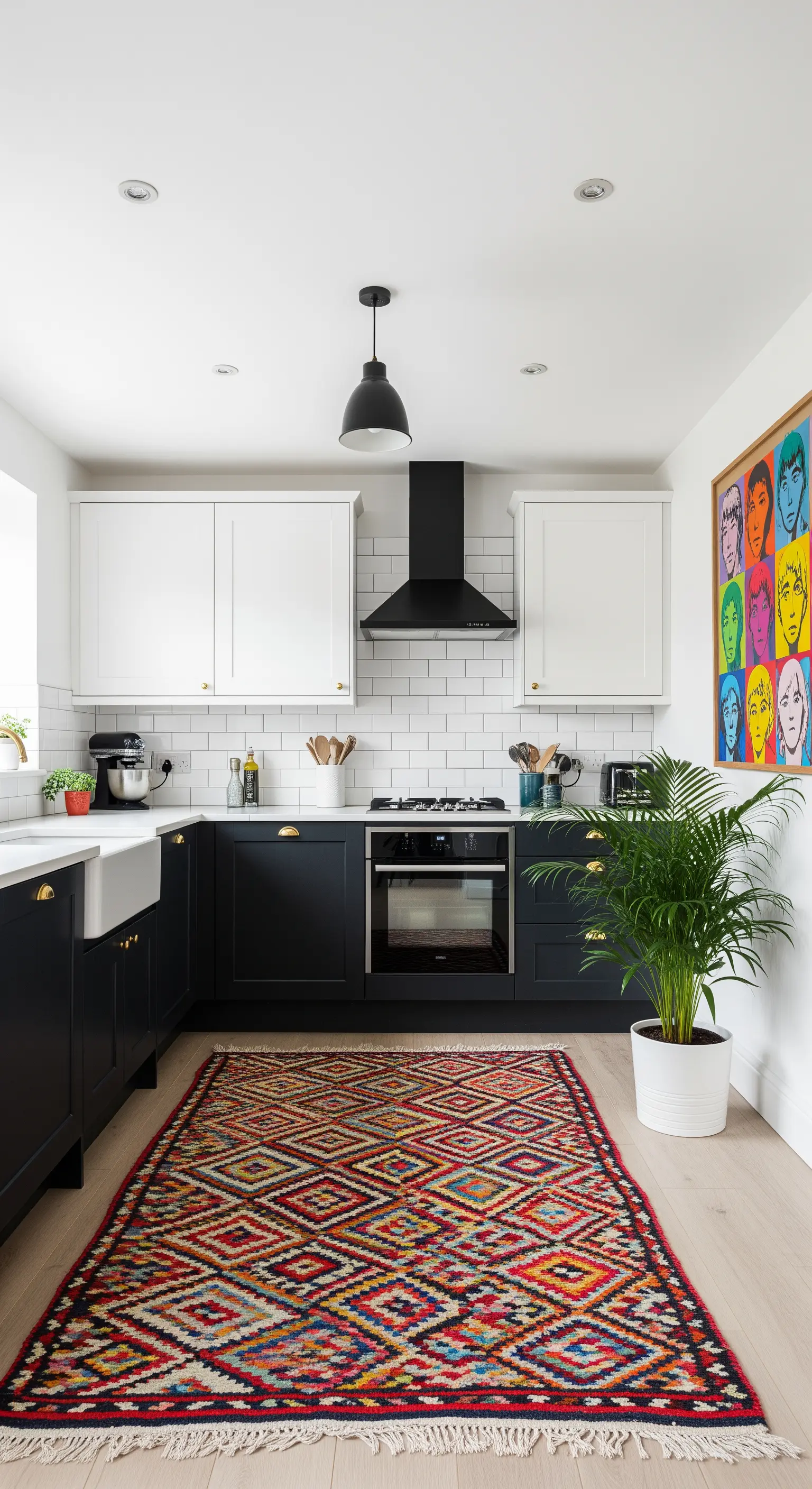 Cucina bianca e nera con un tappeto etnico multicolore e un quadro Pop Art.