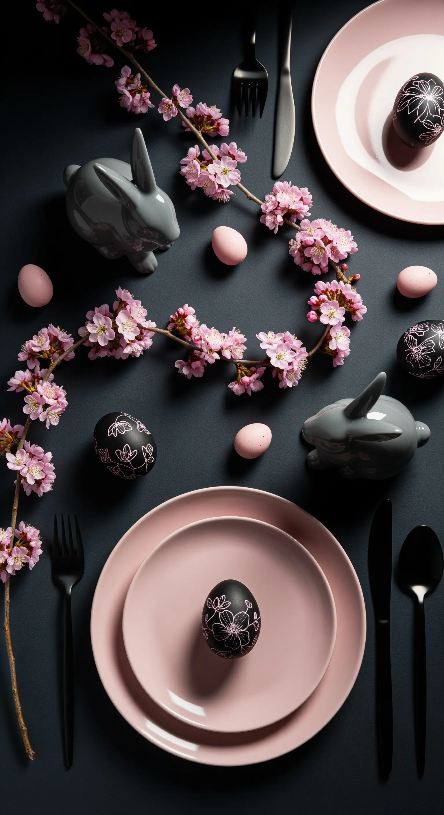 Tavola pasquale con sfondo nero, piatti rosa, rami di ciliegio e uova nere decorate
