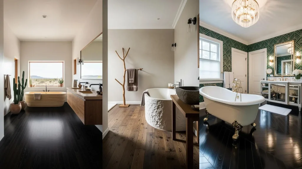 Bagni di design con parquet scuro e vasche freestanding chiare, che creano un contrasto raffinato ed elegante.