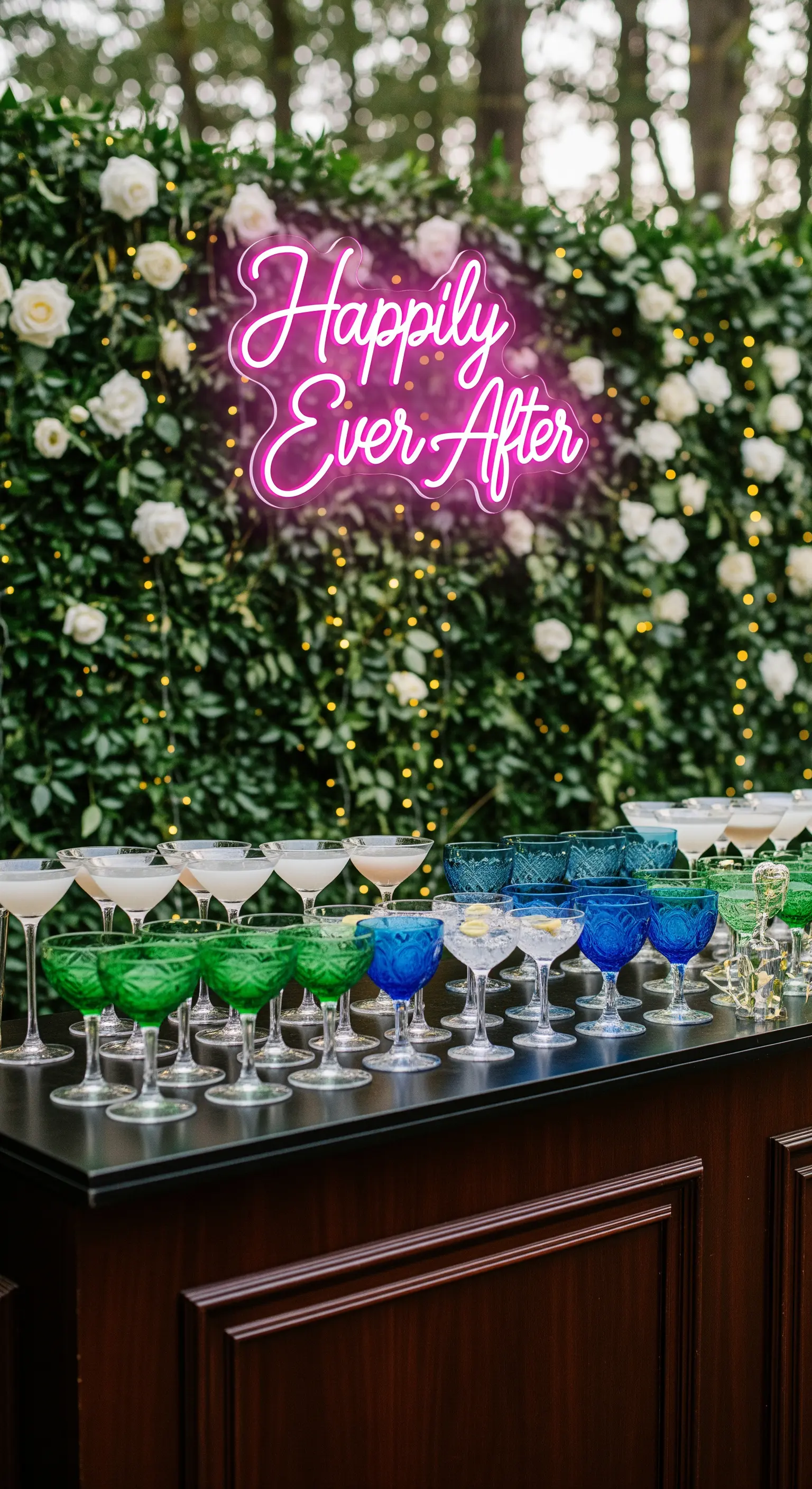 Scritta al neon rosa “Happily Ever After” su una parete di rose bianche e foglie verdi.