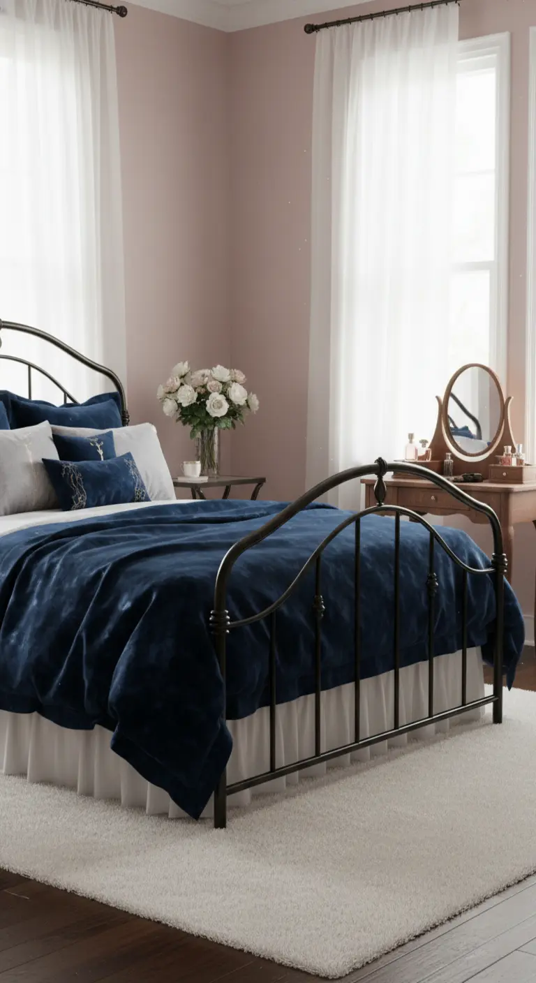 Copriletto in velluto blu notte su un letto in ferro battuto nero in una camera romantica.