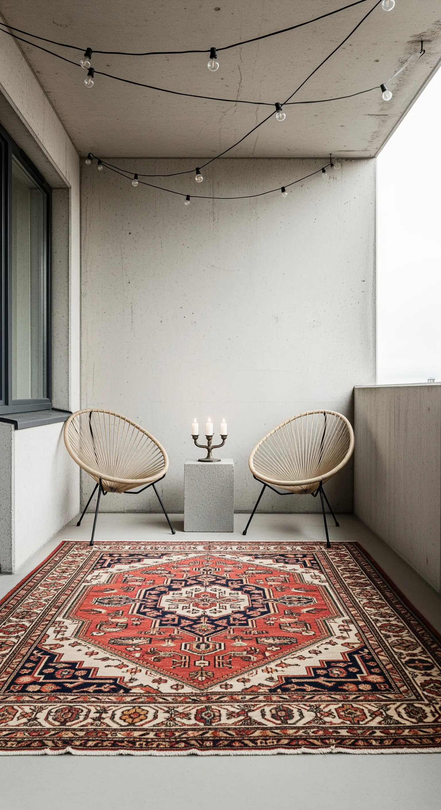 Balcone in cemento con due sedie di design e un grande tappeto persiano.