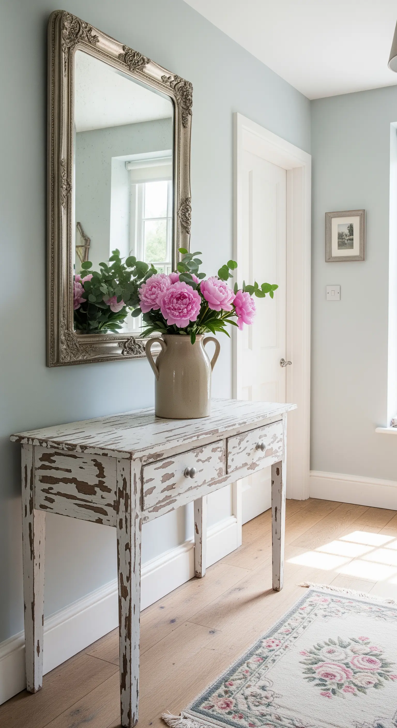 Consolle bianca decapé con specchio argento barocco e peonie rosa in un vaso di ceramica.