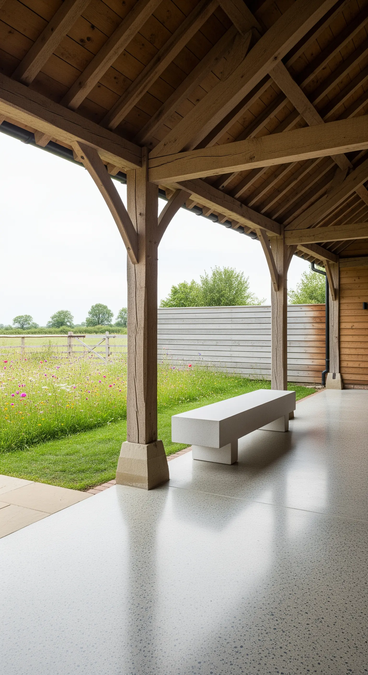 Portico con struttura in legno massiccio e panca bianca minimale su pavimento lucido.