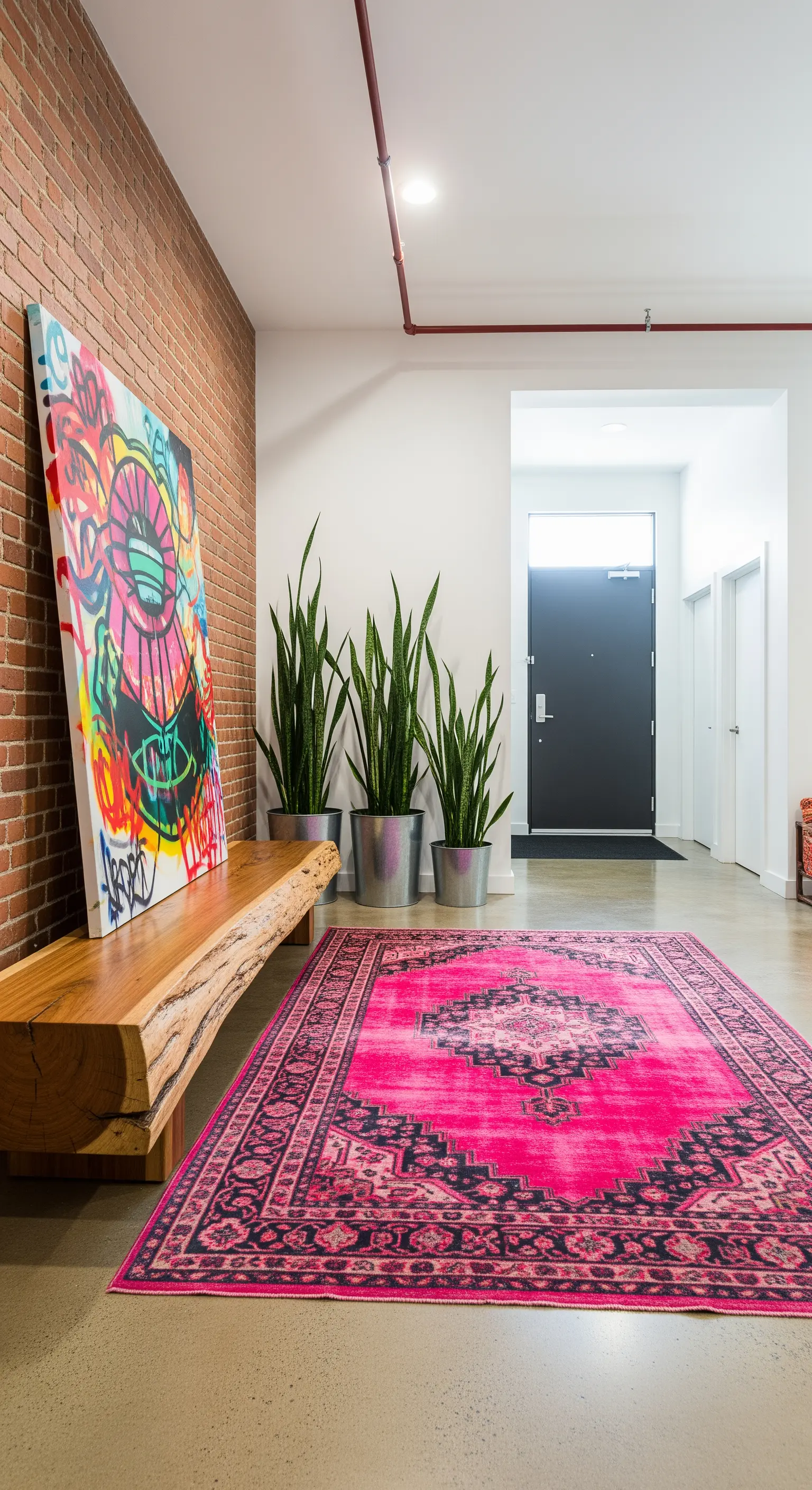 Ingresso industriale con parete in mattoni, panca in legno e un vivace tappeto persiano rosa.