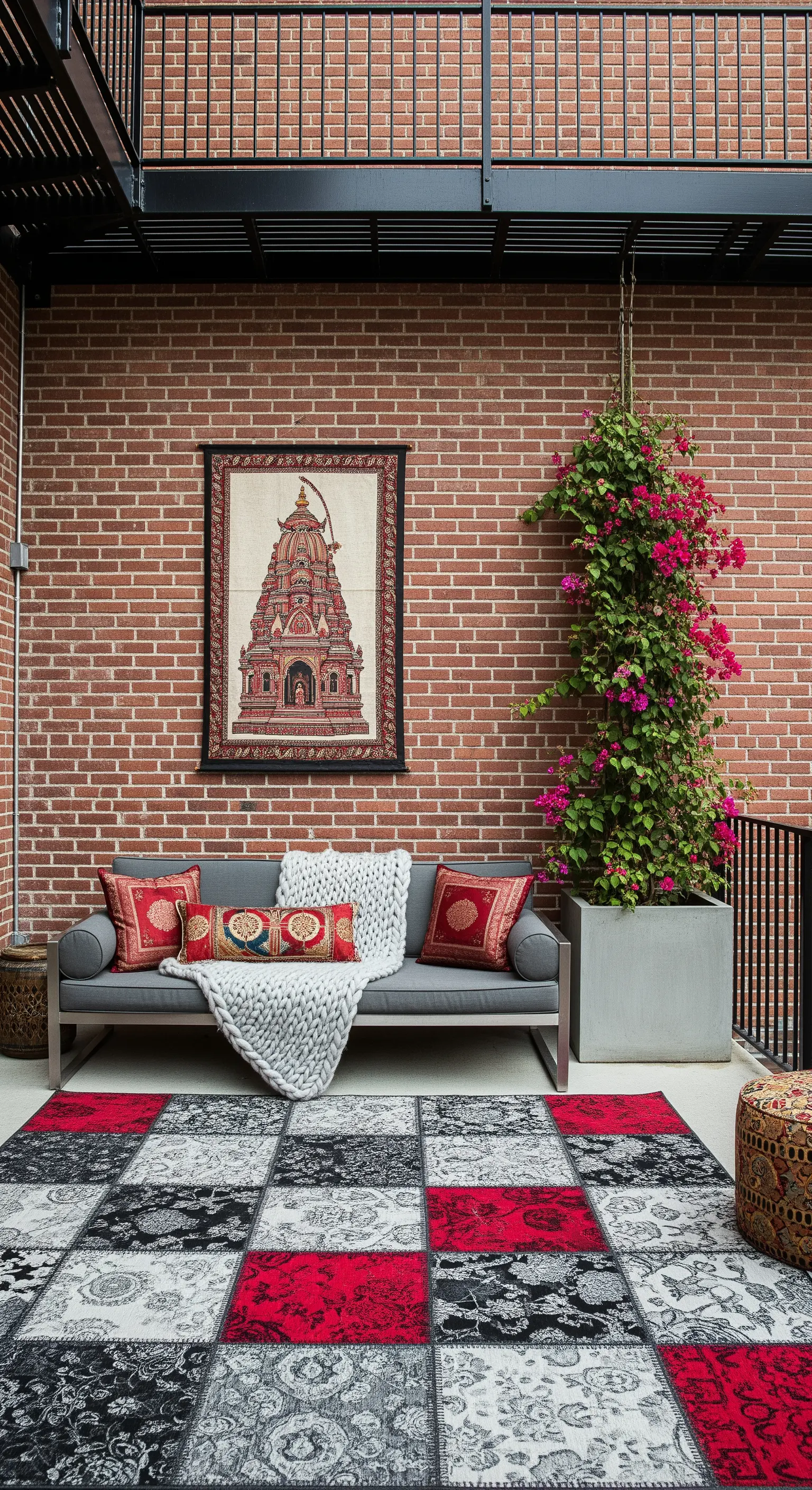 Divano grigio contro un muro di mattoni, con arazzo indiano e un tappeto patchwork rosso e nero.