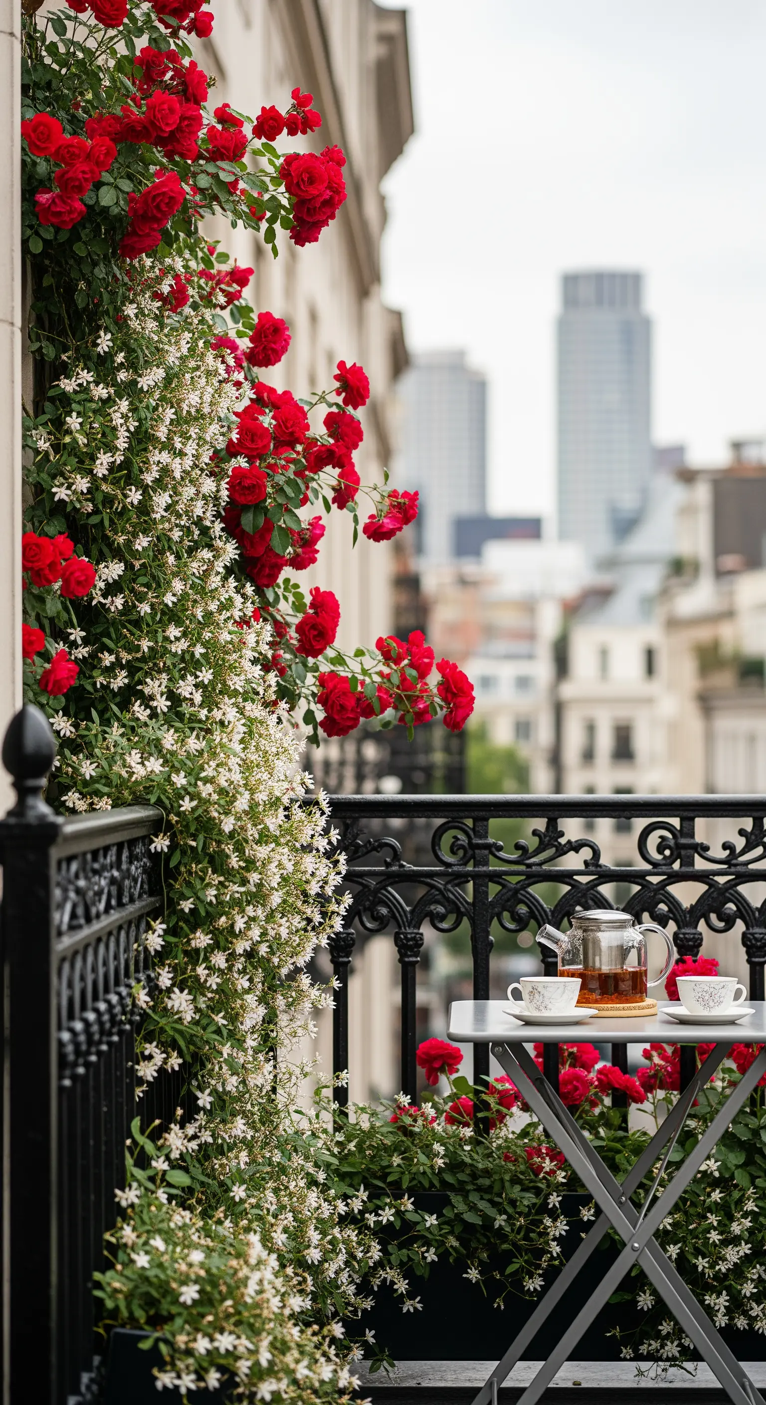Balcone urbano con ringhiera nera, rose rosse e gelsomino bianco rampicanti