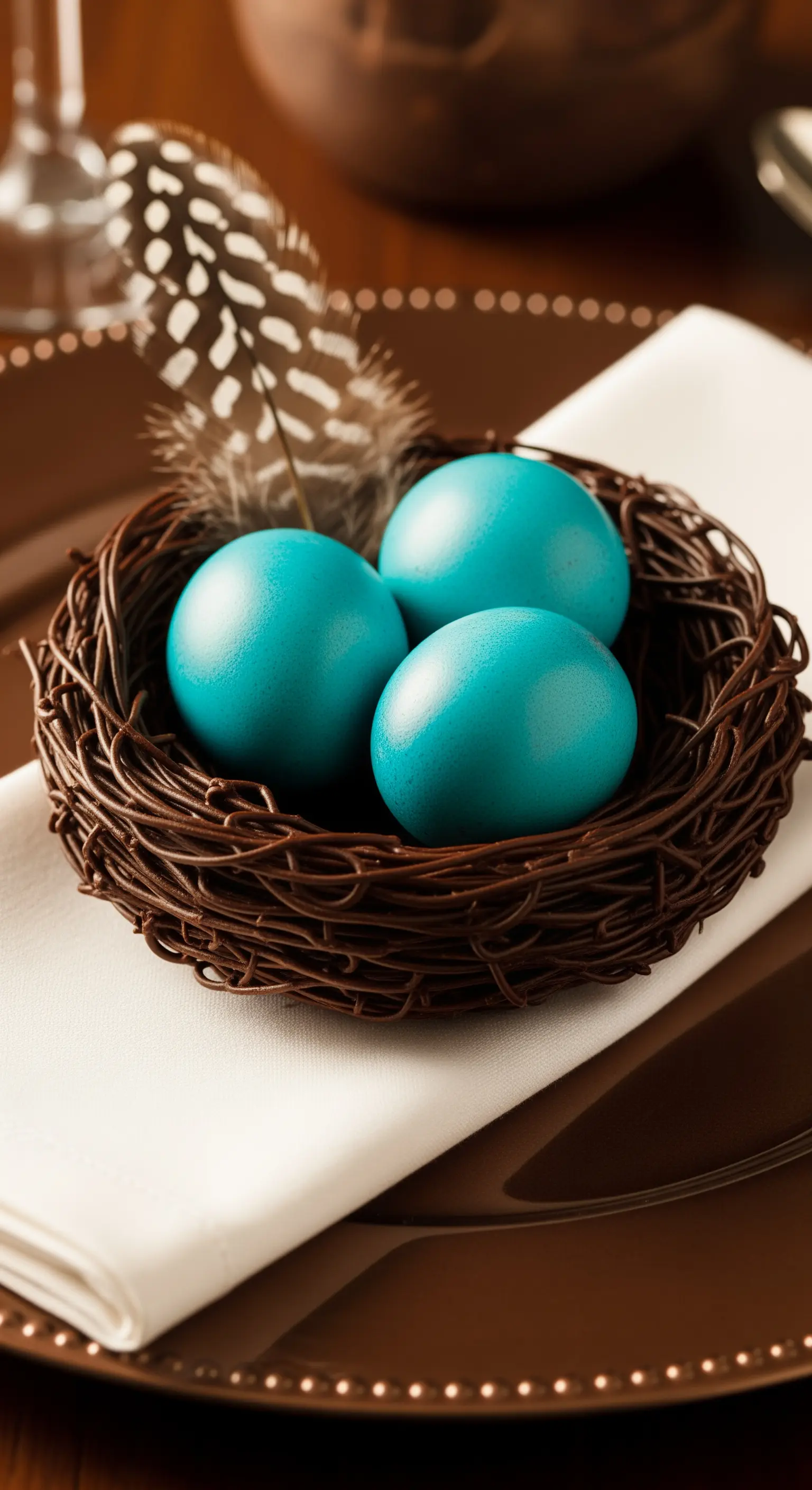 Uova turchesi in un nido scuro su un piatto color cioccolato.