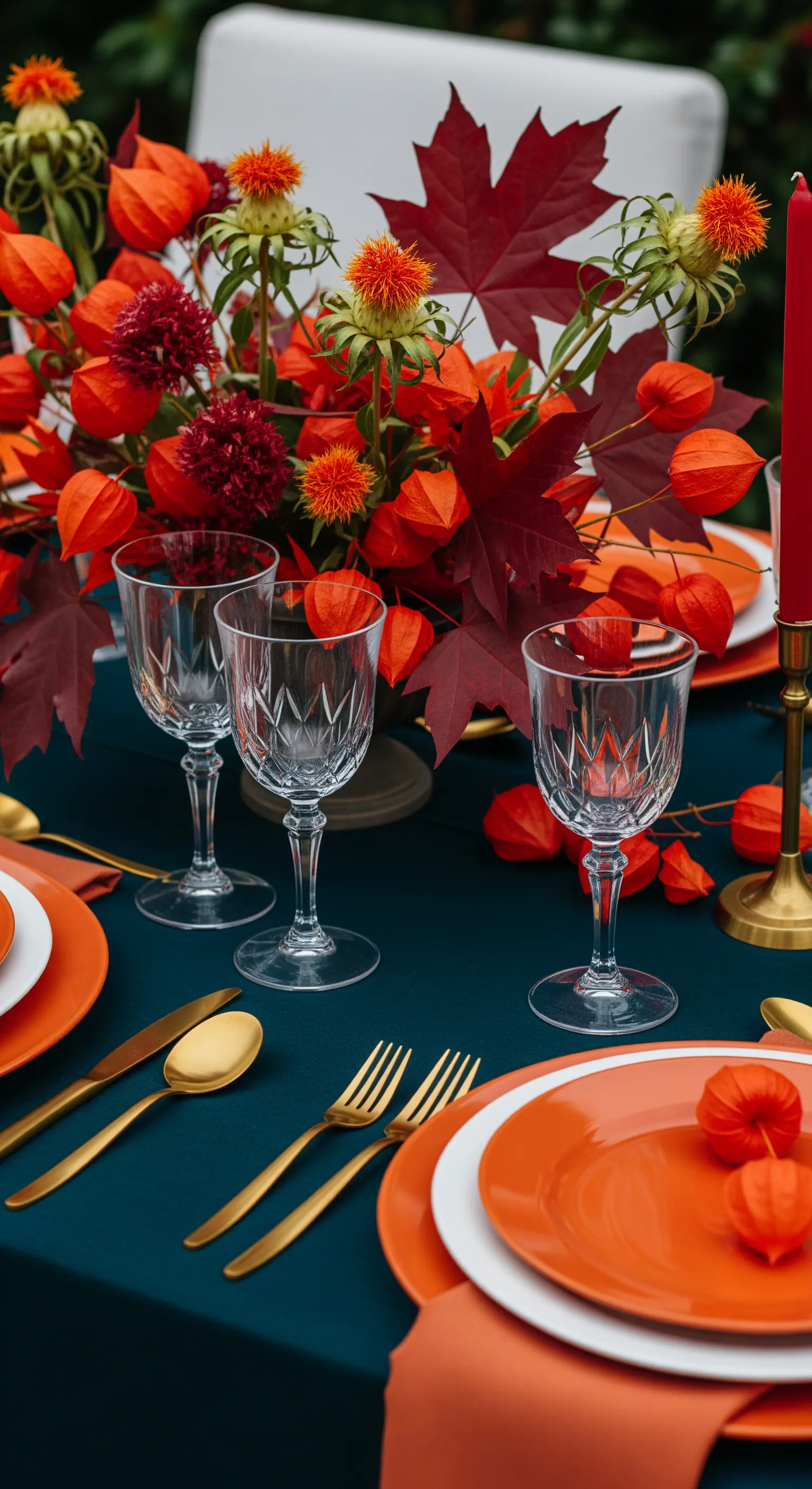 Tavola ottanio con piatti arancioni, posate dorate e centrotavola con alchechengi.