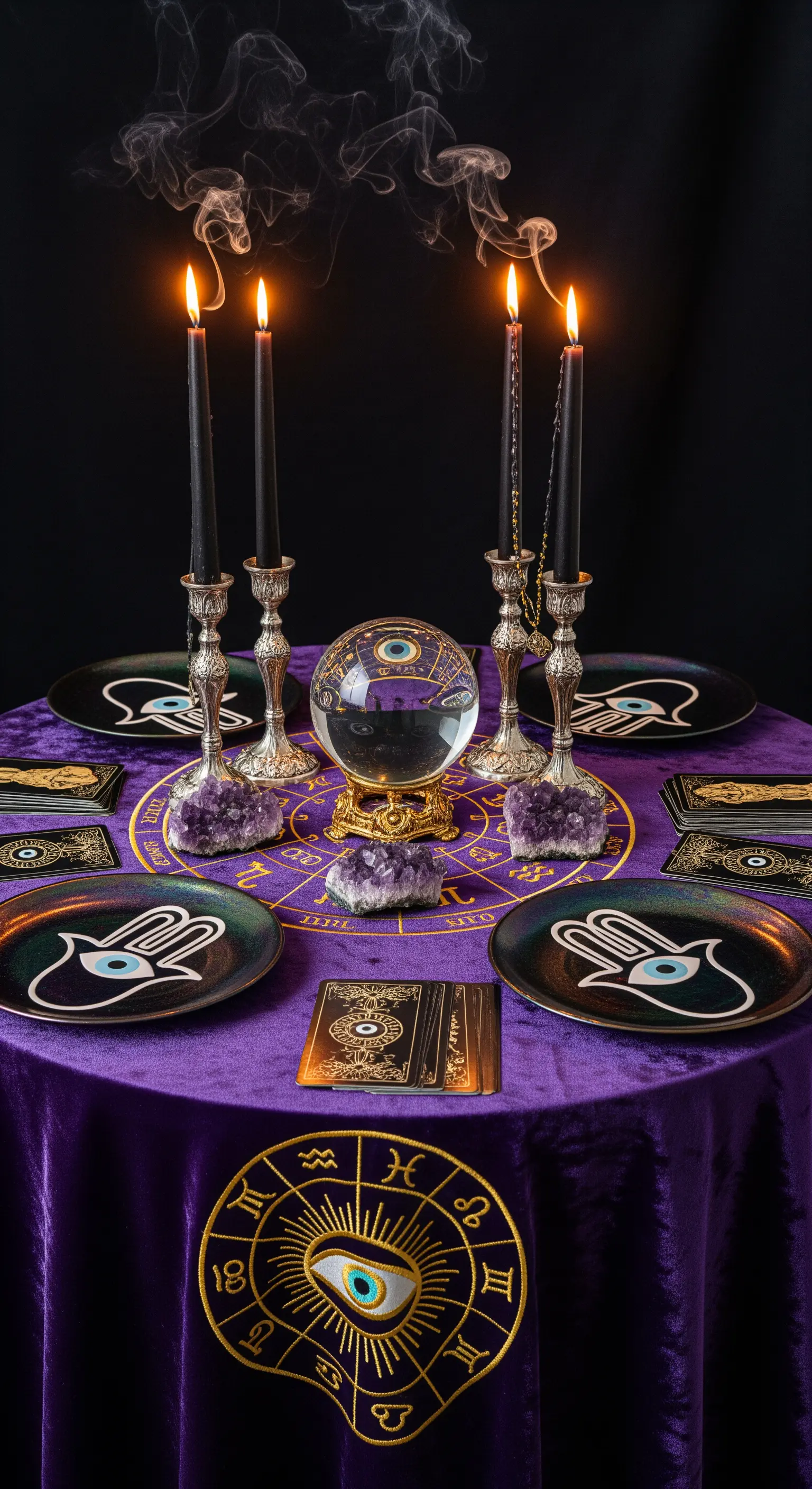 Tavola a tema esoterico con tovaglia viola, sfera di cristallo, candele nere e tarocchi
