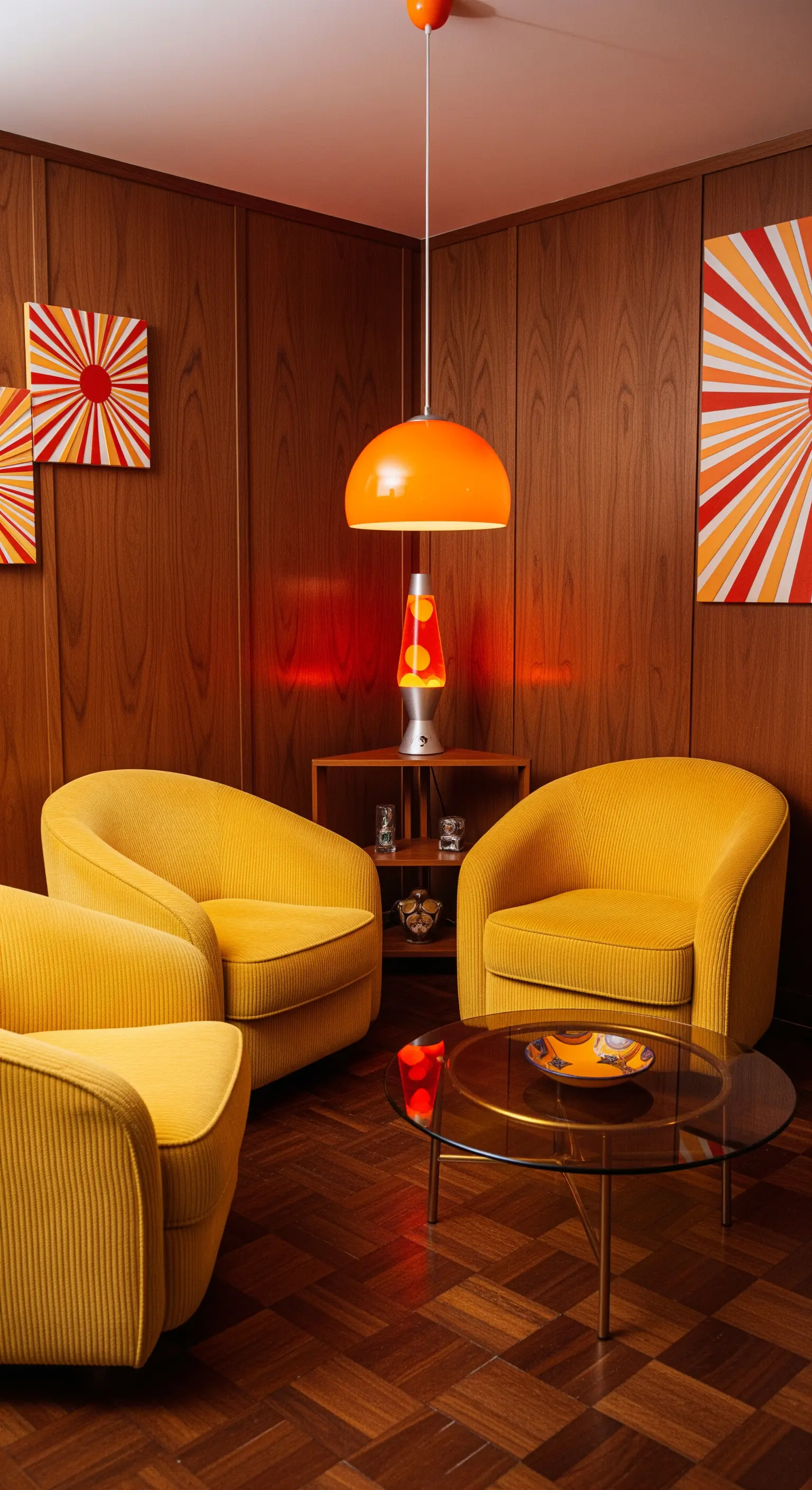 Salottino anni '70 con poltrone in velluto a coste senape, boiserie e lampada arancione.
