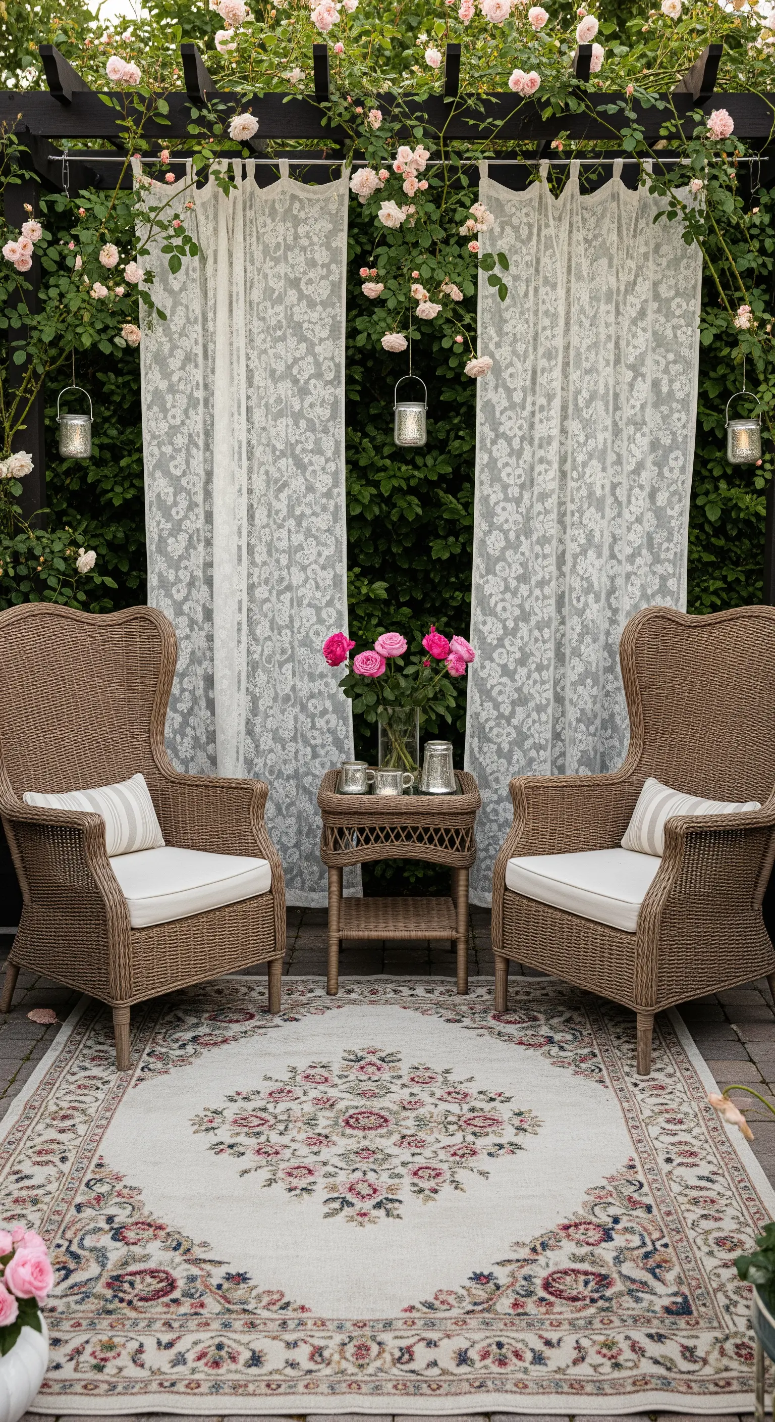 Angolo conversazione con poltrone in vimini, tende in pizzo e rose rampicanti sullo sfondo.