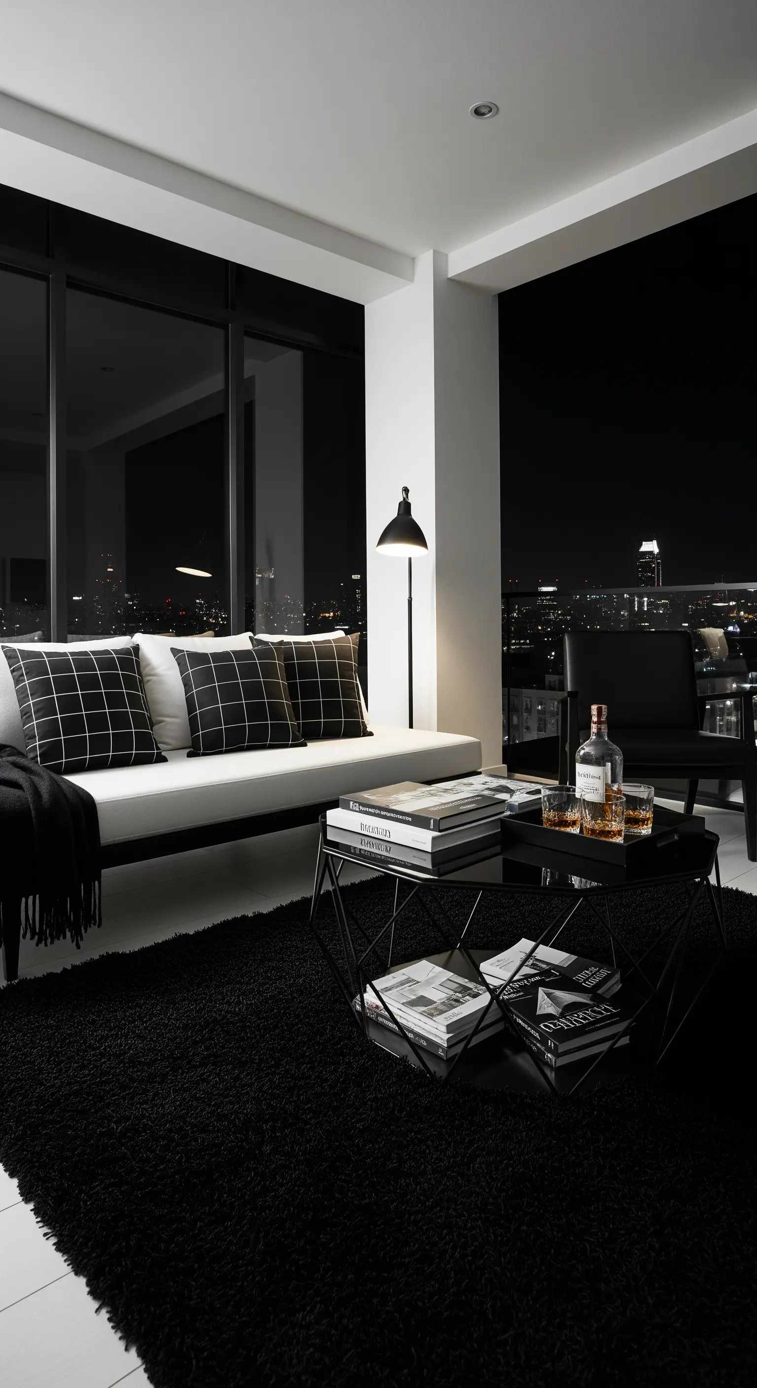Salotto lounge notturno in bianco e nero con vista sulla città.